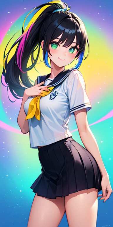 (black hair,colorful fluorescence multicolored  hair:1.5,ponytail:1.5), (masterpiece, sidelights, exquisite beautiful eyes: 1.5), masterpiece*portrait, realistic, ((Colorful background of different colors:1.5)),(Gentle face:1.5),colorful,3D face,(cute face),front view: 1.6、 (glowing green eyes:1.2),(tareme:1.5)、(cute smile:1.5),,Slim Body, shiny hair, shiny skin: 1.5、medium breasts,、solo,(stand)、(school jersey:1.5)、(charactor focus:1.5、portlate、eye focus,cowboy shot)、bright atmosphere,intricatedetails
