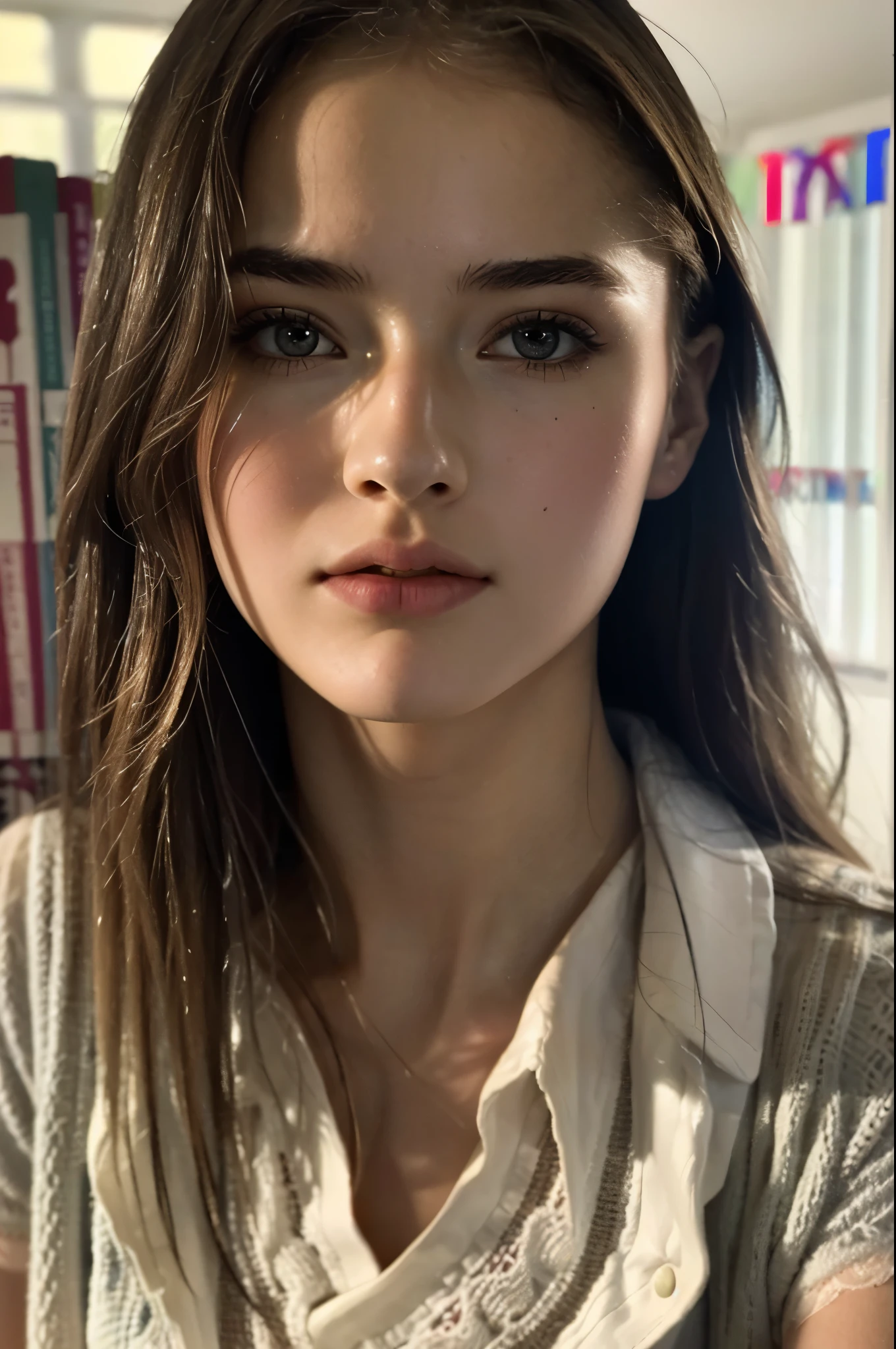 epic realistic, a photo of kristinapimenova, 18yo in the library, thoughtful mood, close up, (intricate details:0.9), (hdr, hyperdetailed:1.2), faded, (neutral colors:1.2), art, (hdr:1.5), hyperdetailed, (artstation:1.4), warm lights, dramatic light, (intricate details:1.2)