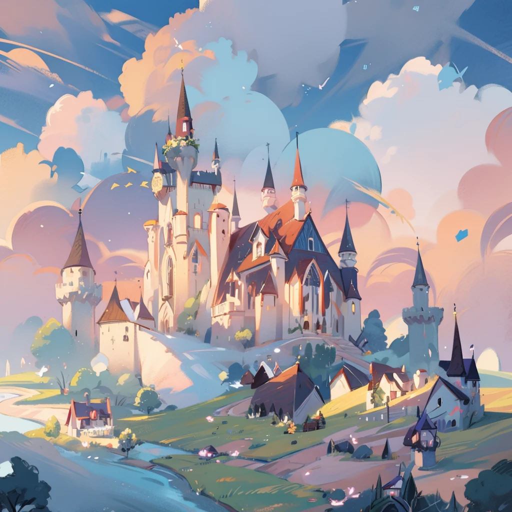picture book illustration, watercolor storybook illustration, princess castle, fairy tale castle, fairy tale tower, cloud, Vibrant pastel colors, dream, fancy, strange, magical, masterpiece, best quality, sharp focus, Complex and detailed environments, fine details, 8K resolution