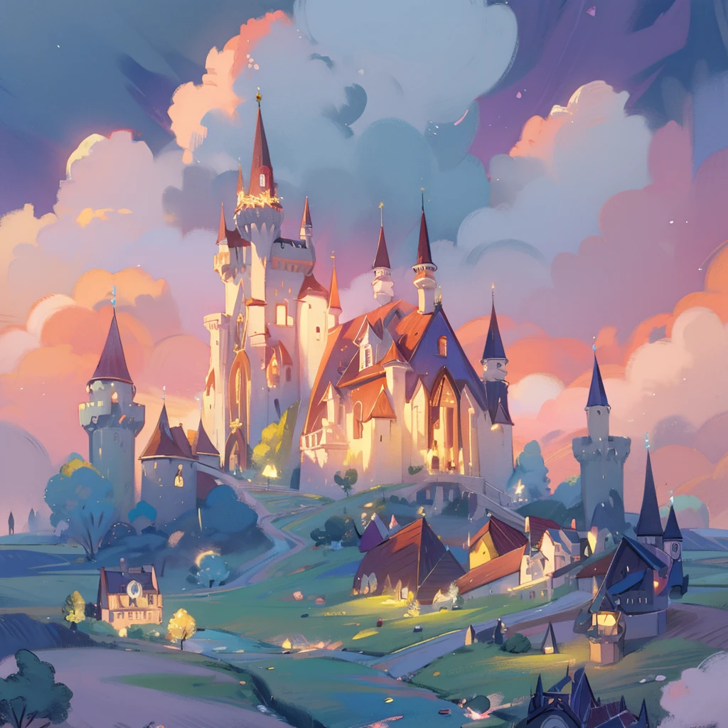 picture book illustration, watercolor storybook illustration, princess castle, fairy tale castle, fairy tale tower, cloud, Vibrant pastel colors, dream, fancy, strange, magical, masterpiece, best quality, sharp focus, Complex and detailed environments, fine details, 8K resolution