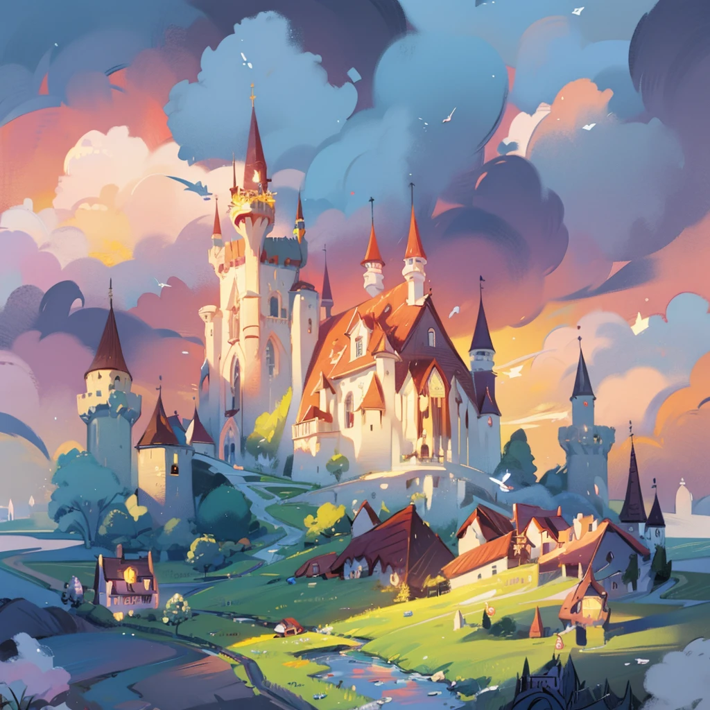 picture book illustration, watercolor storybook illustration, princess castle, fairy tale castle, fairy tale tower, cloud, Vibrant pastel colors, dream, fancy, strange, magical, masterpiece, best quality, sharp focus, Complex and detailed environments, fine details, 8K resolution