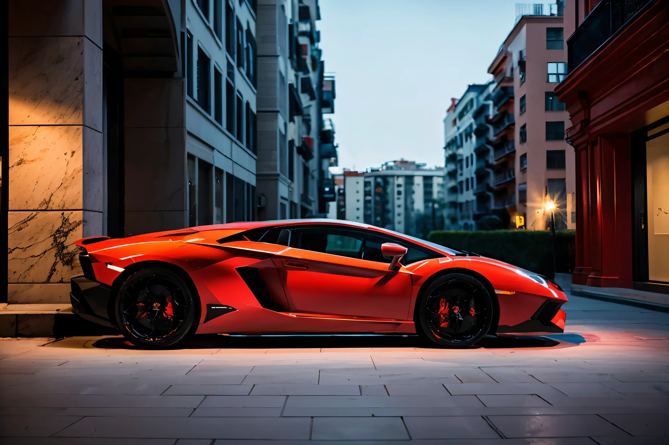 red lamborghini aventador　　precision and high quality　Realistic three-dimensional feel　beautiful background　Street parking in front of the marble entrance of a luxury apartment building.　beautiful lighting　beautiful street　stylish apartment　(shot from the side:1.3) beautiful night lights　