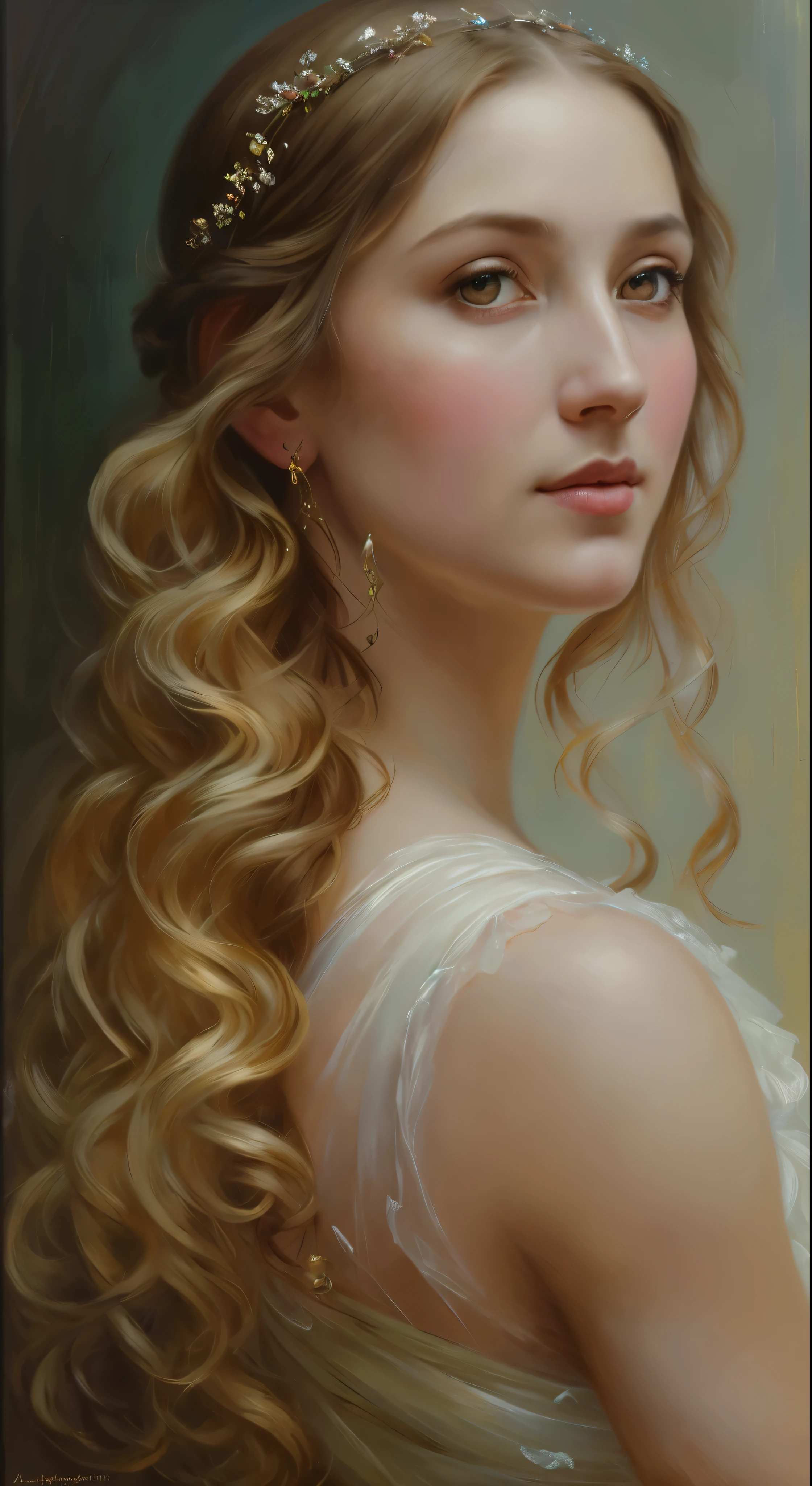 Masterpiece, Best quality, Ethereal beauty, portrait, girl, 35 years old Woman, middle ages, classicism, andrey atroshenko style, painting, traditional media, realistic, figurative, fine art, oil on canvas, HDR, 8K, original character, high resolution, high detail, focus on the face