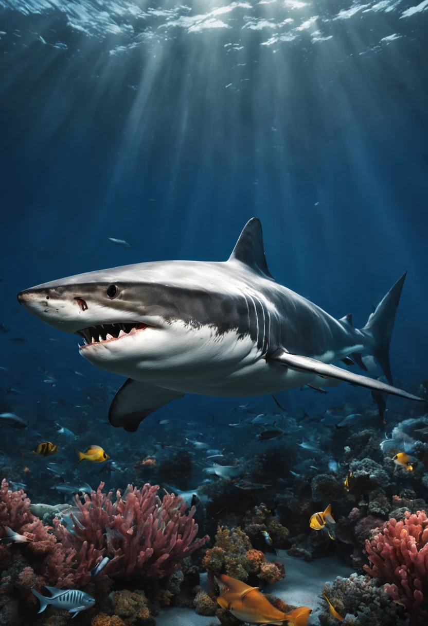 (a great white shark:1.1, bottom of the ocean:1.1), underwater, deep-sea, dark abyss, stunning marine life, vibrant coral reefs, schools of colorful fish, majestic rays gliding through the water, bioluminescent creatures illuminating the darkness, tranquil and serene, surreal atmosphere, crystal clear waters, shimmering sunlight piercing through the depths, intense blue hues, ethereal underwater landscape, extraordinary predator, immense power and grace, sleek and streamlined body, razor-sharp teeth, piercing black eyes, dominant presence, silently patrolling its territory, sense of danger and awe, captivating and intimidating, perfect predator, ancient species, evolutionarily refined, captivating nature, apex predator, fascinating creature of the deep, mesmerizing beauty, dynamic composition, visual storytelling, breathtakingly realistic, detailed textures, dramatic lighting, cinematic quality, high-resolution masterpiece:1.2, capturing the essence of the shark's strength and elegance.
