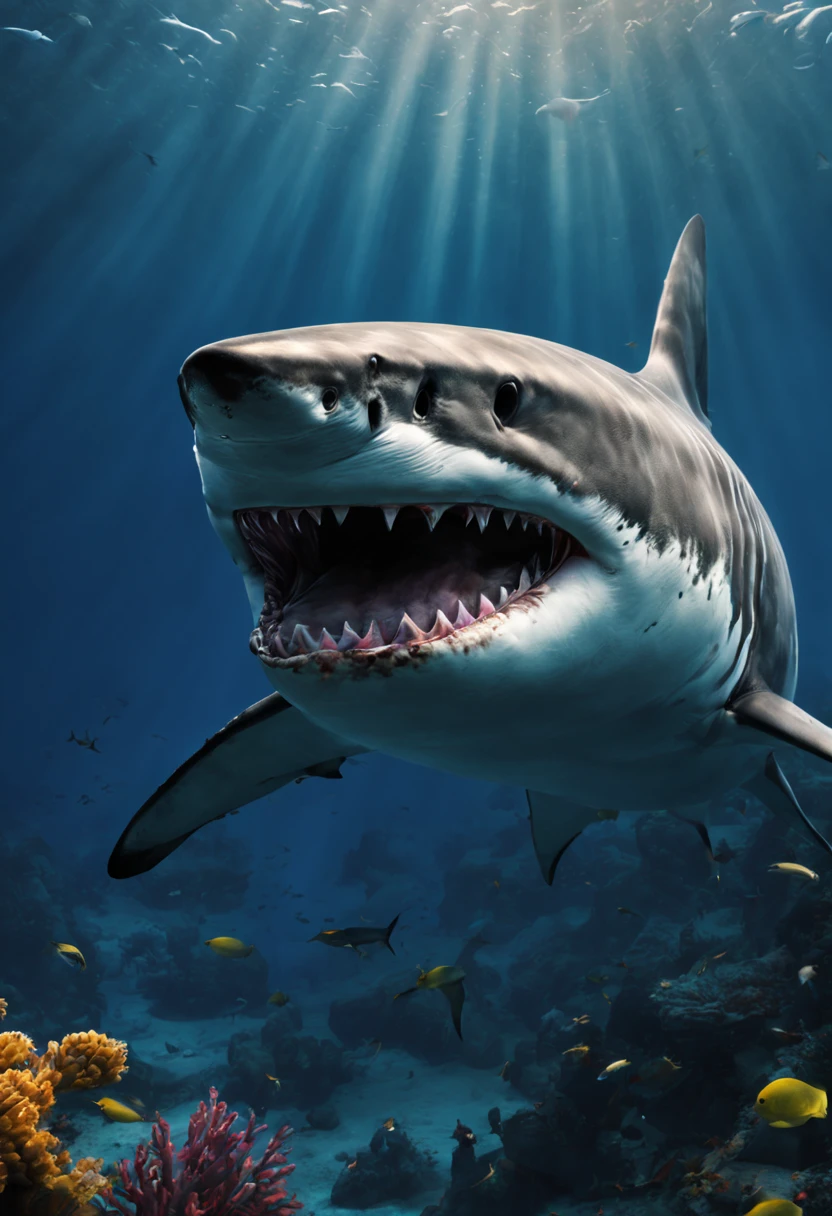 (a great white shark:1.1, bottom of the ocean:1.1), underwater, deep-sea, dark abyss, stunning marine life, vibrant coral reefs, schools of colorful fish, majestic rays gliding through the water, bioluminescent creatures illuminating the darkness, tranquil and serene, surreal atmosphere, crystal clear waters, shimmering sunlight piercing through the depths, intense blue hues, ethereal underwater landscape, extraordinary predator, immense power and grace, sleek and streamlined body, razor-sharp teeth, piercing black eyes, dominant presence, silently patrolling its territory, sense of danger and awe, captivating and intimidating, perfect predator, ancient species, evolutionarily refined, captivating nature, apex predator, fascinating creature of the deep, mesmerizing beauty, dynamic composition, visual storytelling, breathtakingly realistic, detailed textures, dramatic lighting, cinematic quality, high-resolution masterpiece:1.2, capturing the essence of the shark's strength and elegance.