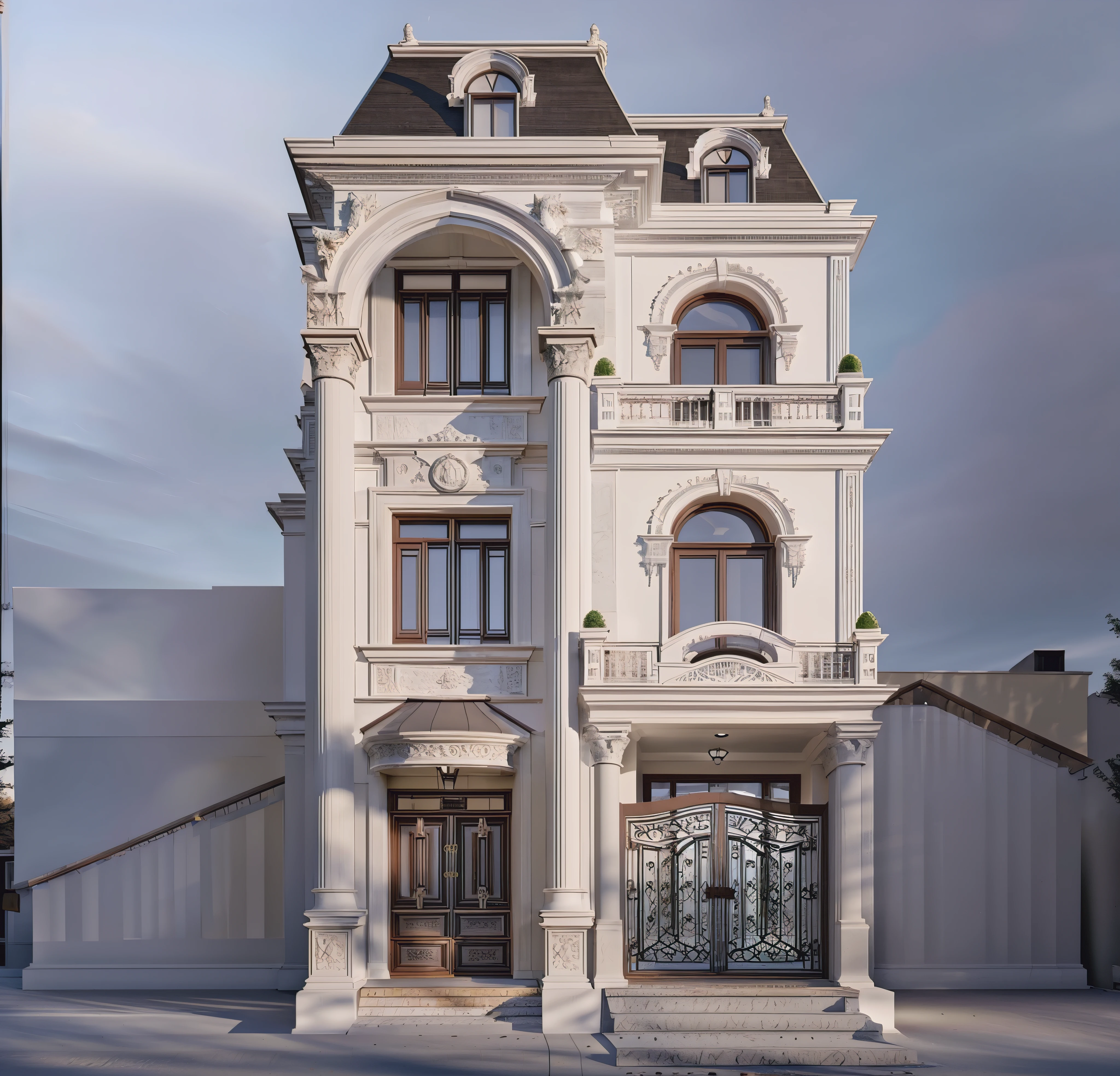 Architectural masterpiece, best quality, 16k image, classic architecture, white painted walls, car parked in front yard, arched door, artistic iron railing, arched door, wall lamp, best quality, detail most detailed, 3d max rendering