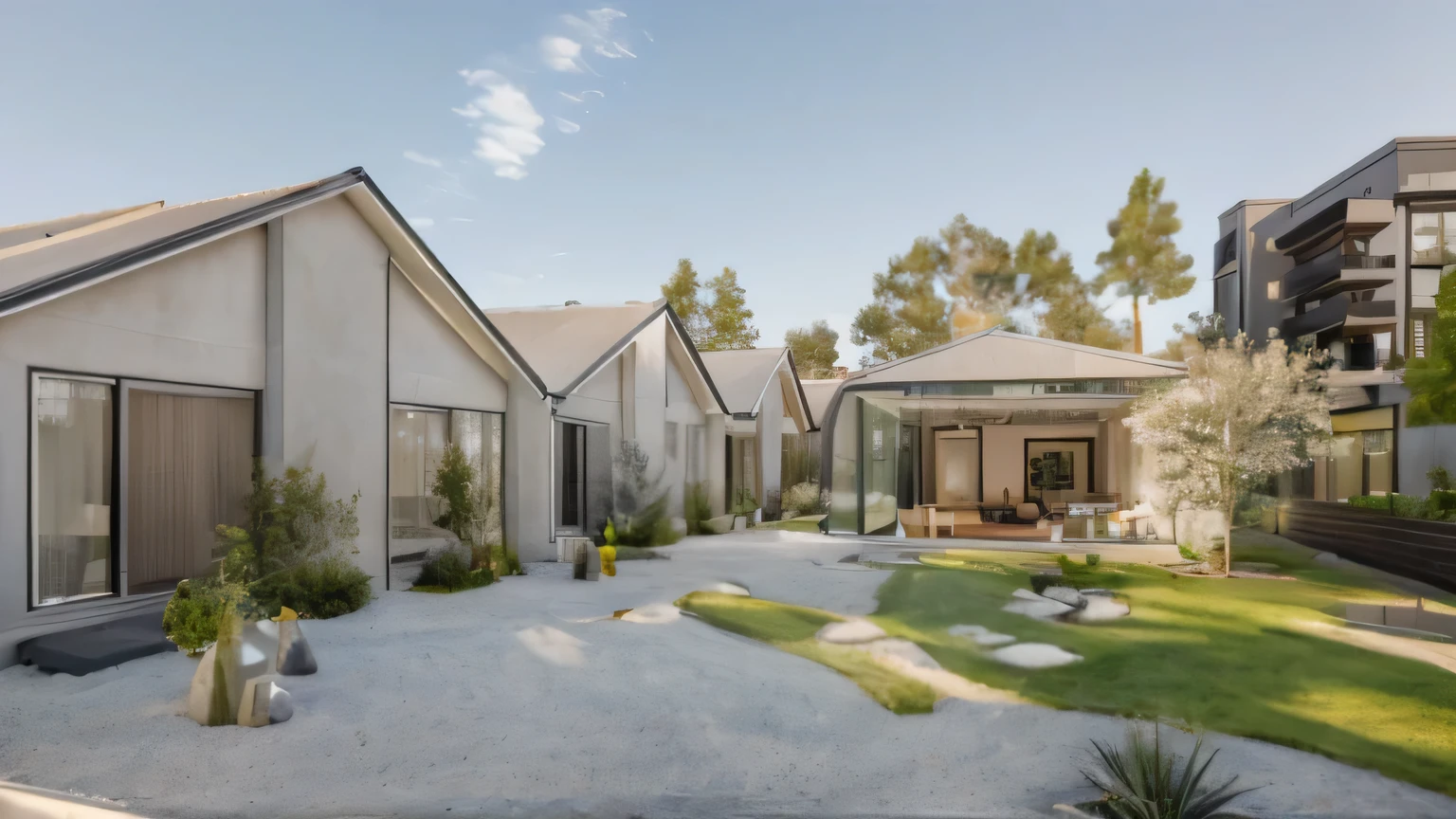 RAW photo,Masterpiece, high quality, best quality, authentic, super detail,
exterior, house style modern on the garden with white wall, glass windows, glass doors,stains, balcony, railing glass, Inax stone wall cladding, snow,
clean line,modernism,Realistic reflexes,realistic light, beautiful summer sky, trees, grass
(day:1.1), vivid colour, vray