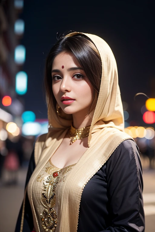 (((desi girl))), chubby face, natural skin, wearing hot deep neck top and dupatta, charming black hair, ((hair ends are blonde)), city streets background, bokeh