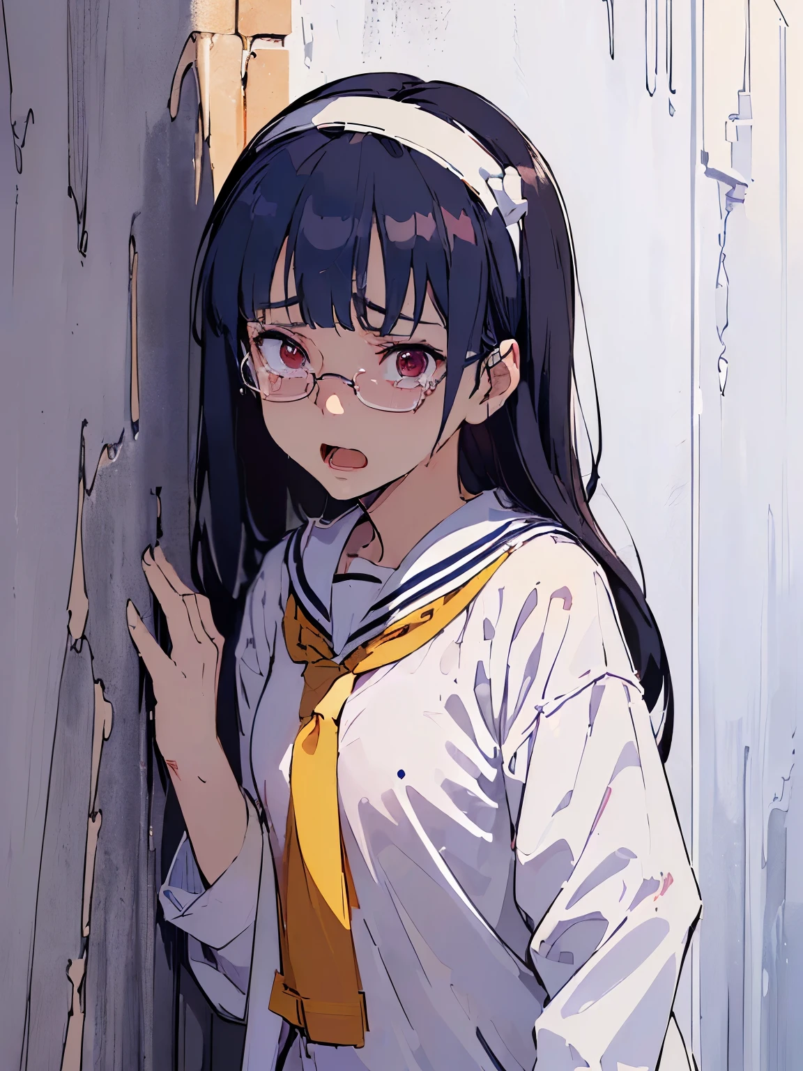 (((masterpiece))) ((( background : horror theme  : backalley : dark : night ))) ((( character : Kanna : fit body : long smart hair : hairband : model student : nerd : wearing glasses : summer white school uniform : being cornered into a wall : scared: screaming : tears )))