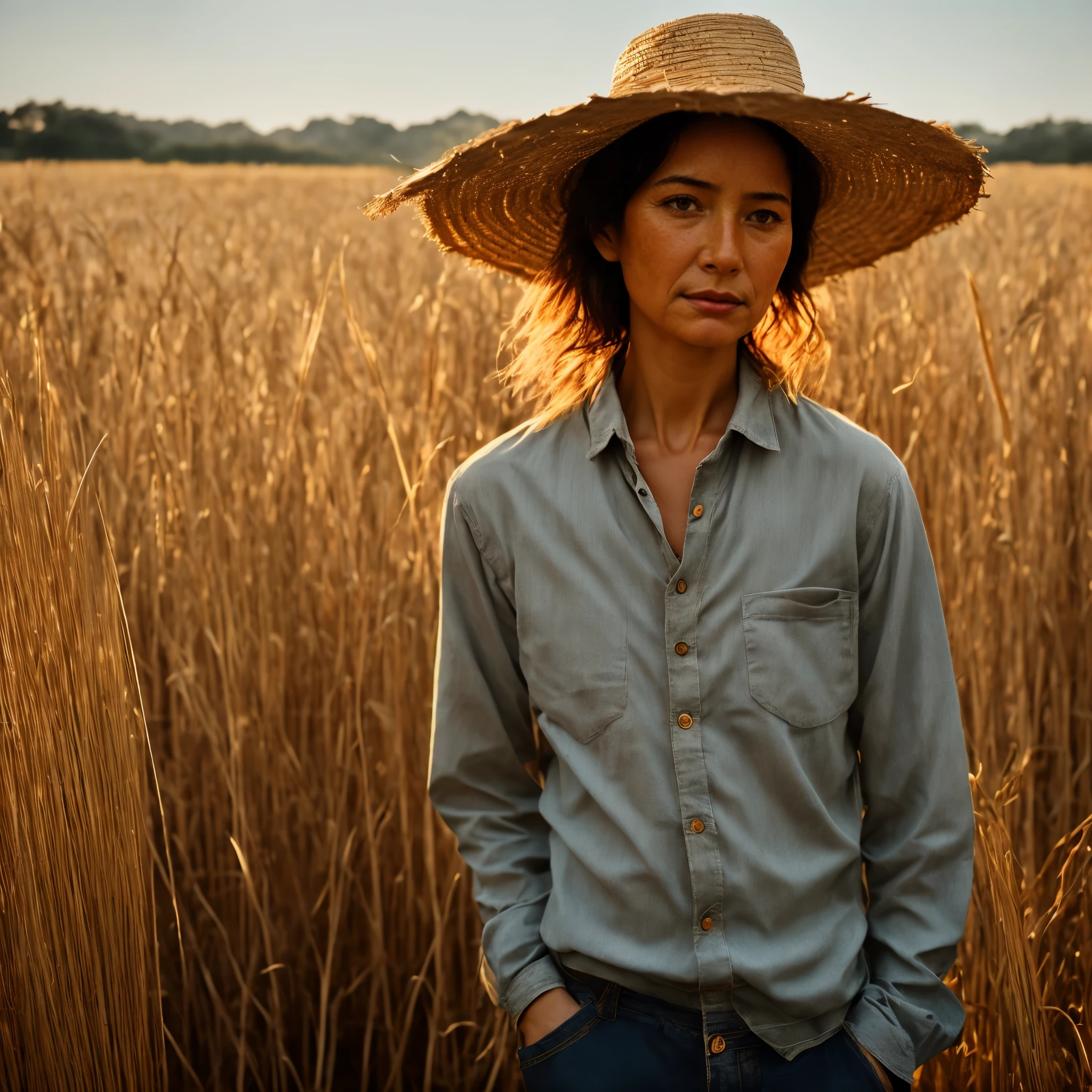 a wrinkled old grandfather, weathered face, sun-kissed skin, worn straw hat, hands calloused from labor, shaking cane, standing tall amidst the verdant rice paddies, golden sunlight filtering through, autumn hue, serene expression, wise and contemplative, rice stalks rustling gently in the background, timeless figure, rural scene, golden hour, harvest season, classic portrait, captivating, intricately detailed, vivid textures, nostalgic feel, warm colors, soft focus.