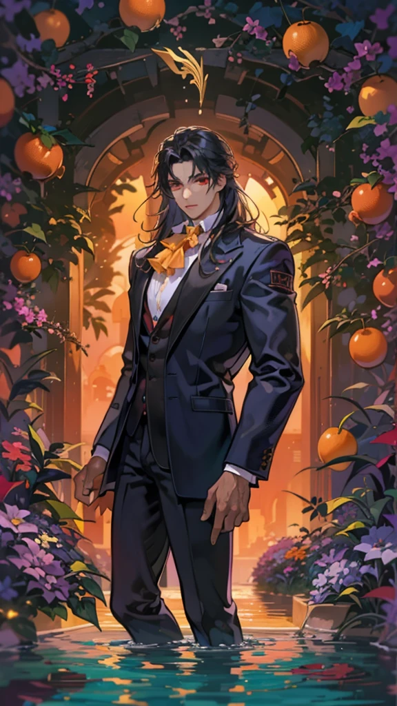 masterpiece, best quolyty, 8k, dynamic detailed, in the enchanted garden, ((A large pool full of orange juice)), (a black long hair demon king gentleman, stocky and tall body, red eyes, 50 yo, open arms), nihilistic smile), break , in a black gentleman suit.