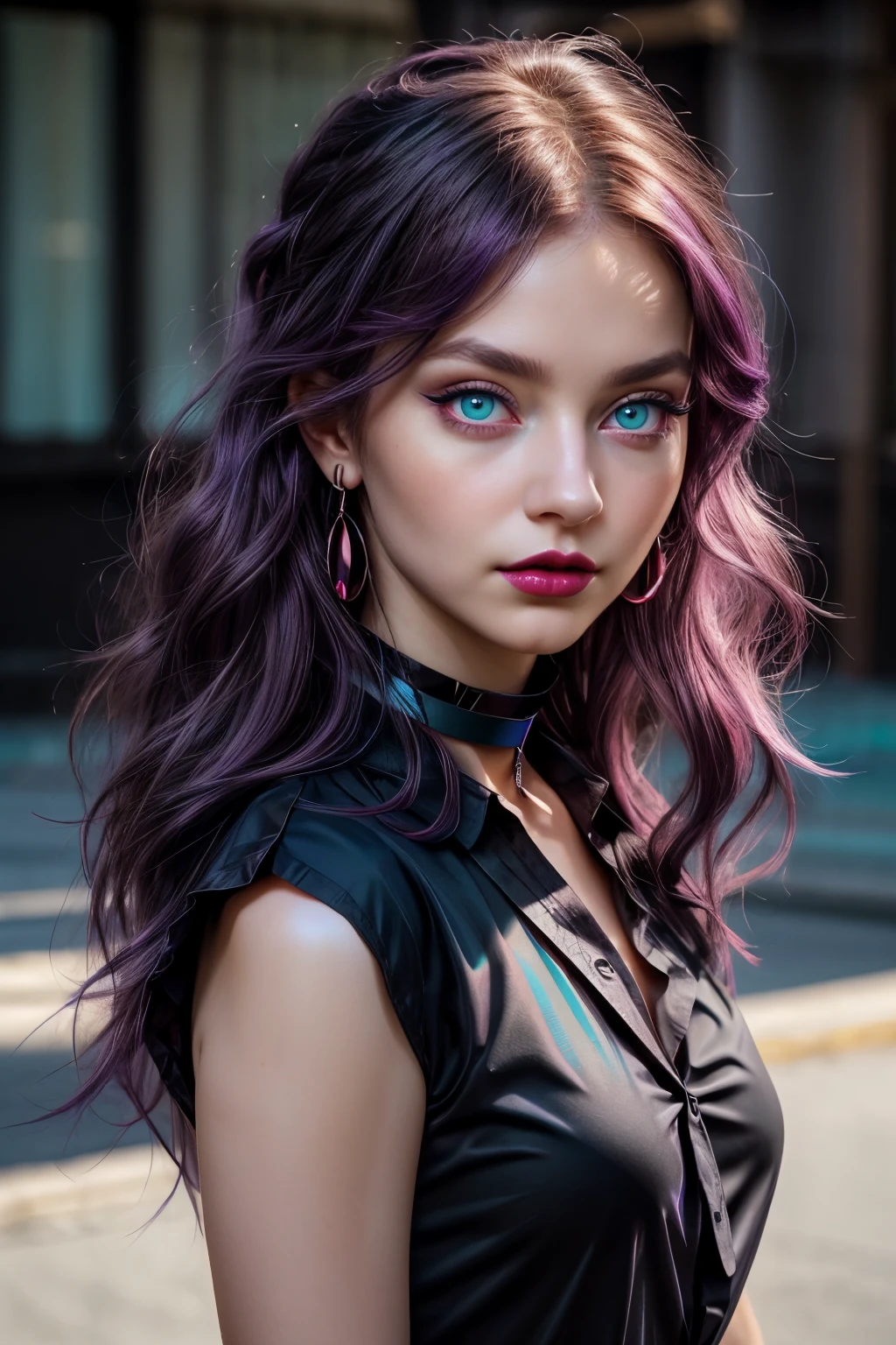 a beautiful young girl with wavy purple hair, a black choker on her neck, ((light bright turquoise eyes)), Artgerm, stanley artgerm lau, a digital painting, digital art, (v collar black top), ((blue shirt)), ((((looking at viewer)))), ((pale red lips)), (pale skin), Heavy black makeup, black eyeliner and eye shadow, high volume hair, (cute face), photo realistic, masterpiece, 1girl, best quality, a portrait, 8k, hyper realistic lighting,