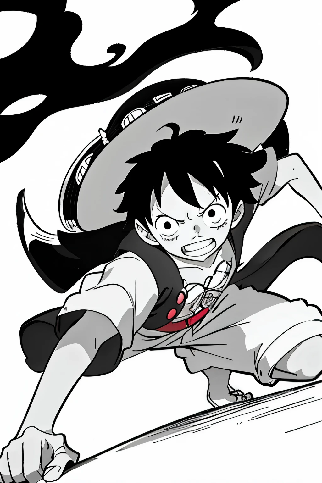Luffy in monochrome against a white background for a children's coloring book -- A classic image of Luffy in shades of black and white, set against a pristine white background, perfect for young artists to add their own vibrant colors and bring the beloved character to life in a children's coloring book. This simple yet evocative image captures the essence of Luffy's adventurous spirit, making it a timeless addition to any collection.