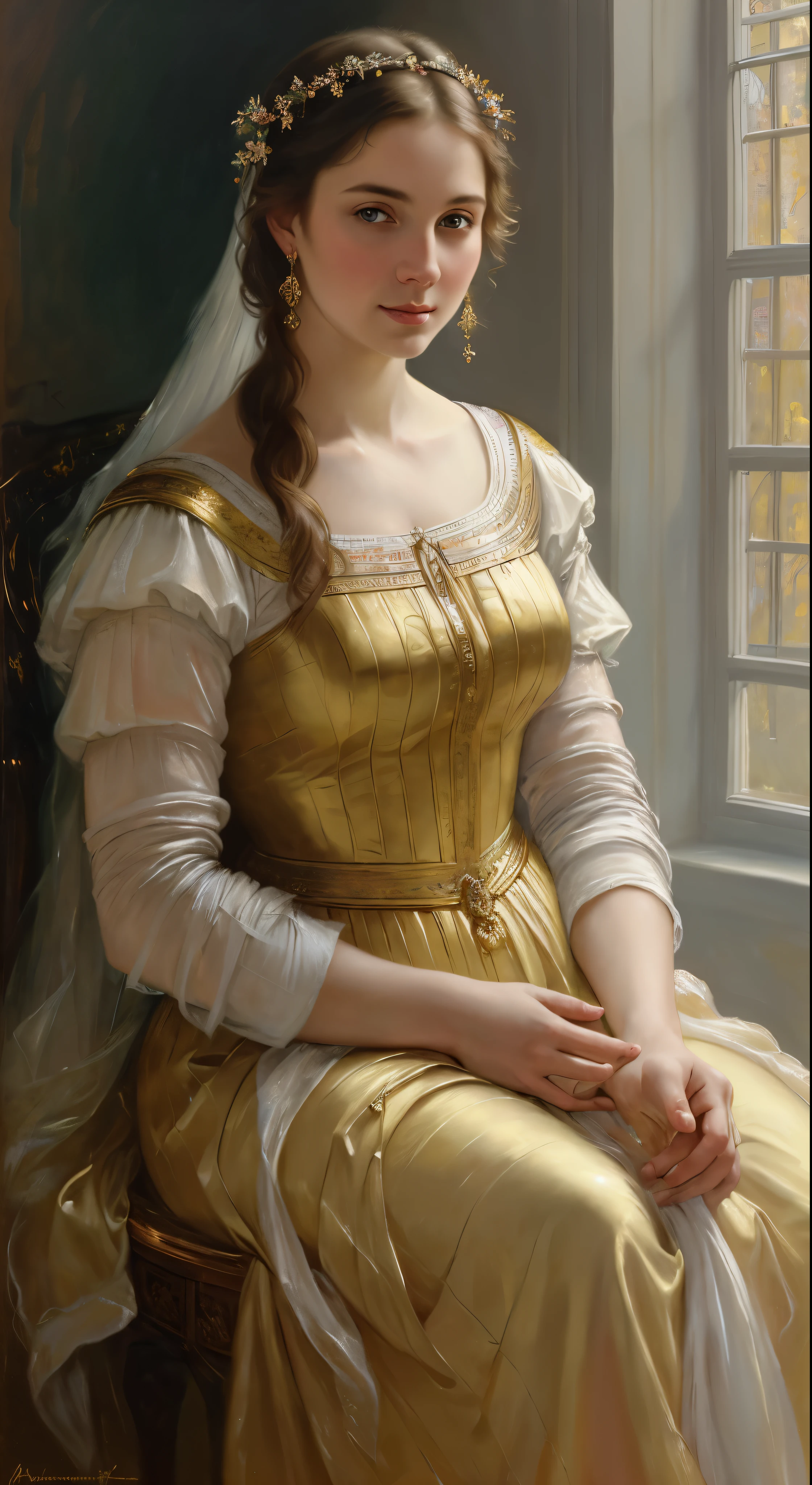 Masterpiece, Best quality, Ethereal beauty, portrait, girl, 35 years old Woman, middle ages, classicism, andrey atroshenko style, painting, traditional media, realistic, figurative, fine art, oil on canvas, HDR, 8K, original character, high resolution, high detail, focus on the face