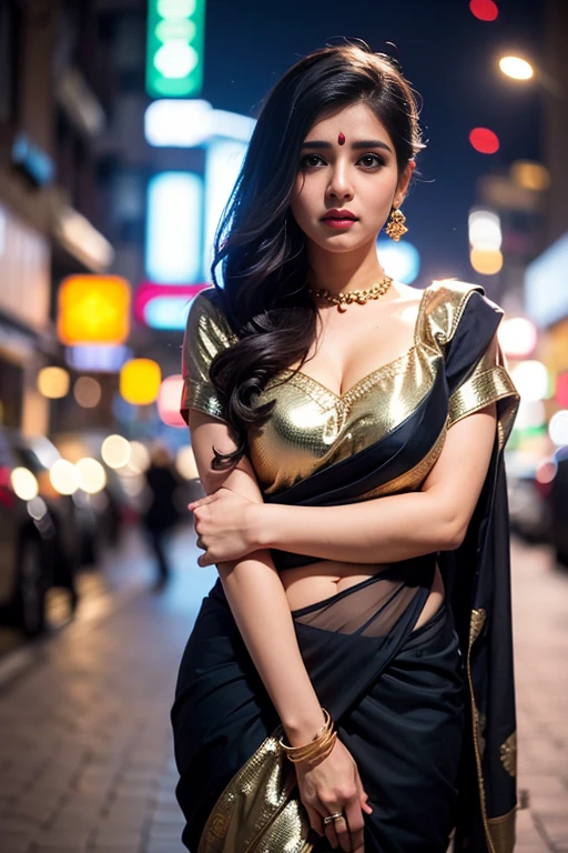(((desi girl))), chubby face, natural skin, wearing hot deep neck top and saree, charming black hair, city streets background, bokeh