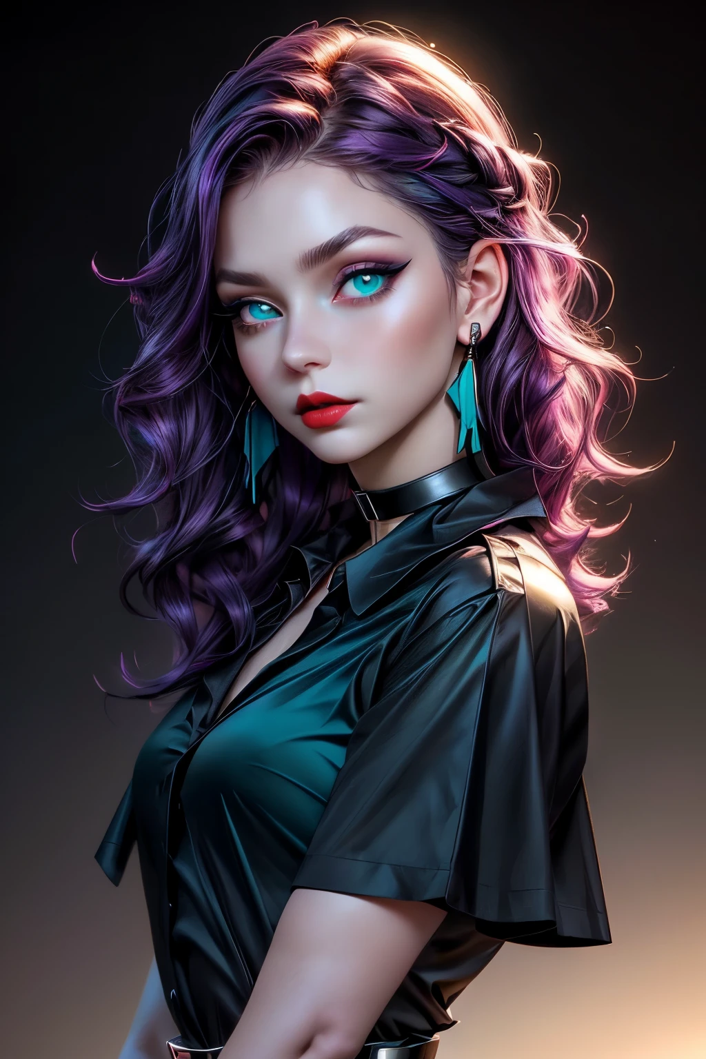 a beautiful young girl with wavy purple hair, a black choker on her neck, ((light bright turquoise eyes)), Artgerm, stanley artgerm lau, a digital painting, digital art, (v collar black top), ((blue shirt)), ((((looking at viewer)))), ((pale red lips)), (pale skin), (Heavy black makeup, black eyeliner and eye shadow), high volume hair, (cute face), photo realistic, masterpiece, 1girl, best quality, upper body portrait, 8k, hyper realistic lighting,