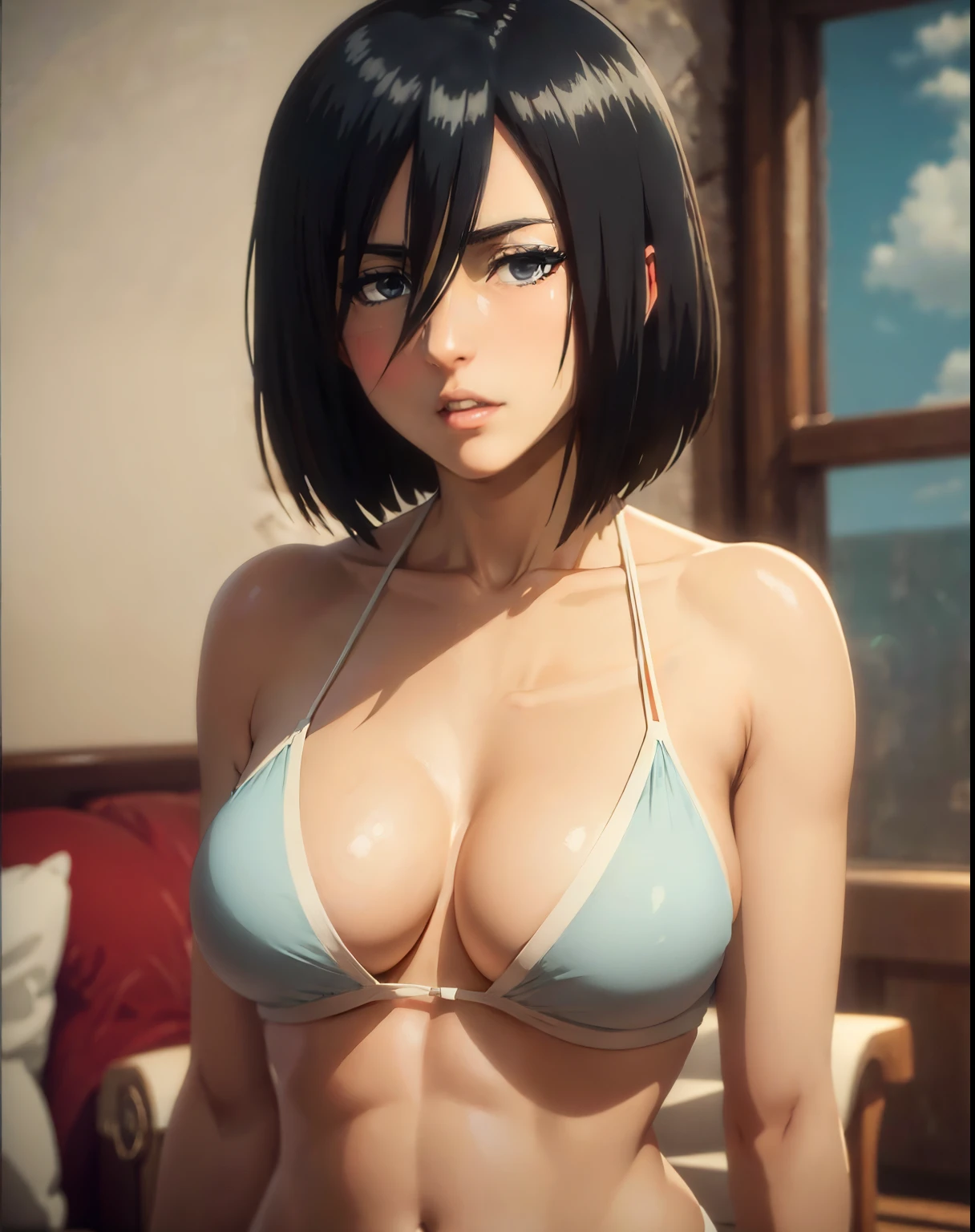 (masterpiece), best quality, expressive eyes, perfect face, solo Mikasa Ackerman in sexy bikini from Attack on Titan 30 year old women seductive body big breasts big thigs facing towards screen  parted lips  feminine figure body in  bikini, Lockhart beautiful expressive eyes ,  4k backlighting smirky face full shot, full body shot ,