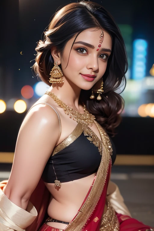(((desi girl))), chubby face, natural skin, wearing hot deep neck top and saree, charming black hair, city streets background, bokeh