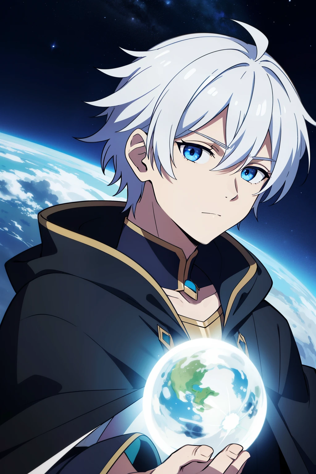 (high-quality, breathtaking),(expressive eyes, perfect face) 1male, male, solo, short height, , short fluffy hair, white hair blue streaks and highlights, unkept hair, pale blue eyes, kind expression, black cloak, white shirt, fantasy mage clothing, Venus, Venus Roman God of Passion Peace and Love , Venus background, space background, portrait, upper body, magic, single braided bang in their hair
