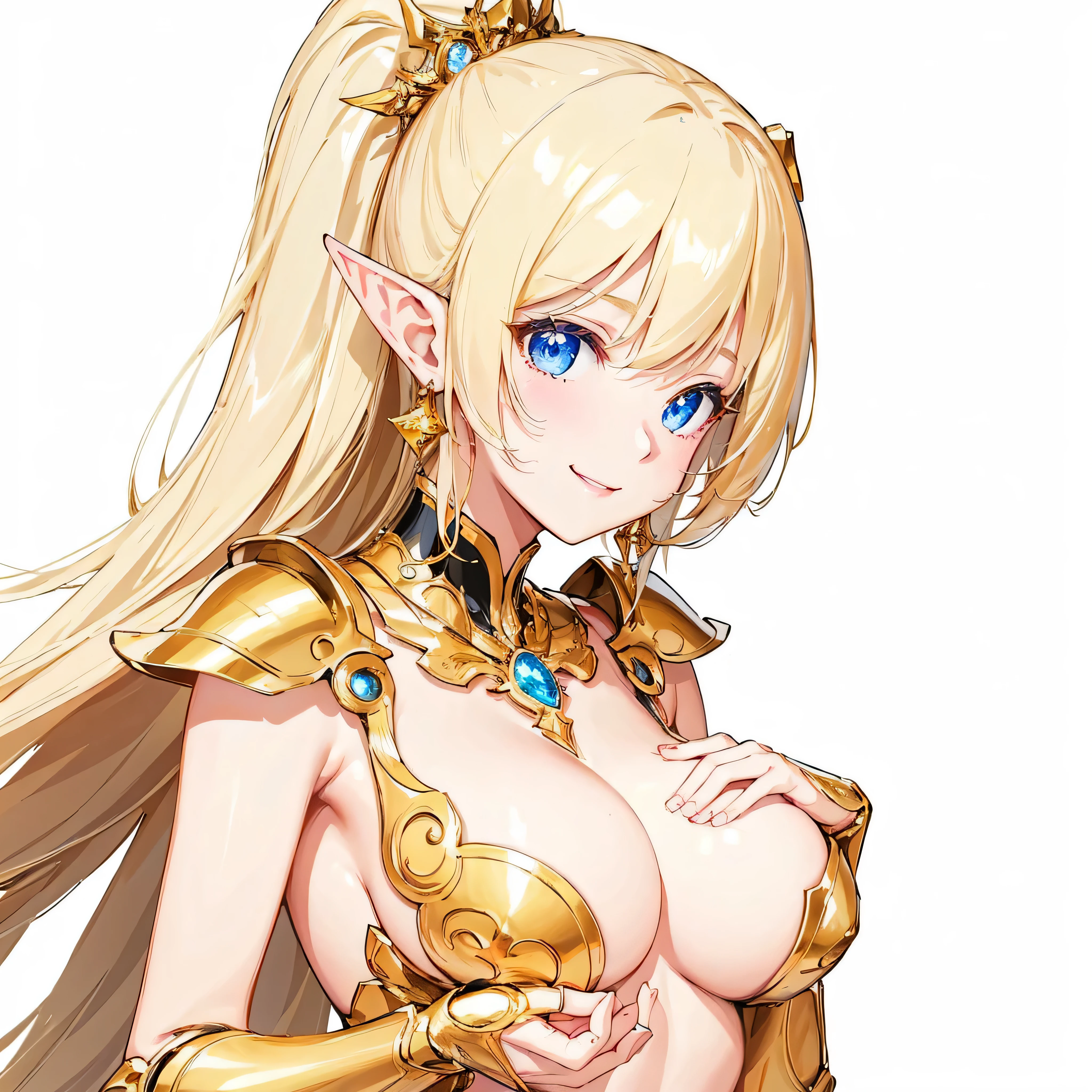 masterpiece、highest quality、very detailed、High resolution、１６ｋ、I can see your nipples、Teetoob proportions、goblinの女の子、Glittering golden armor、extremely transparent skirts、black panties、very white skin、beautiful fingers、Anime girl with very big breasts posing naked、perfect style、goblin、No bra、blonde blue eyes、cool smile、slim the contours