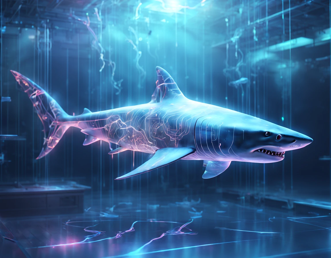 Holographic Digital shark made of neural circuits swims in the information space and digital information flows, digital atmosphere, high-end technology, Fantasy, Digital painting