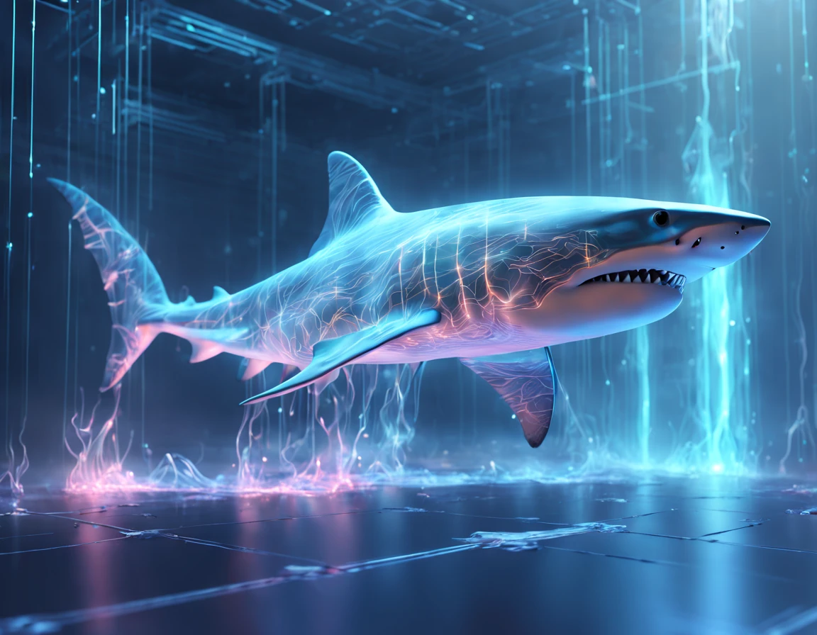 Fully transparent Holographic Digital Shark made of neural circuits swims in the information space and digital information flows, a shark consists of connected neural circuits along which impulses move, neural creature, digital atmosphere, high-end technology, Fantasy, Digital painting