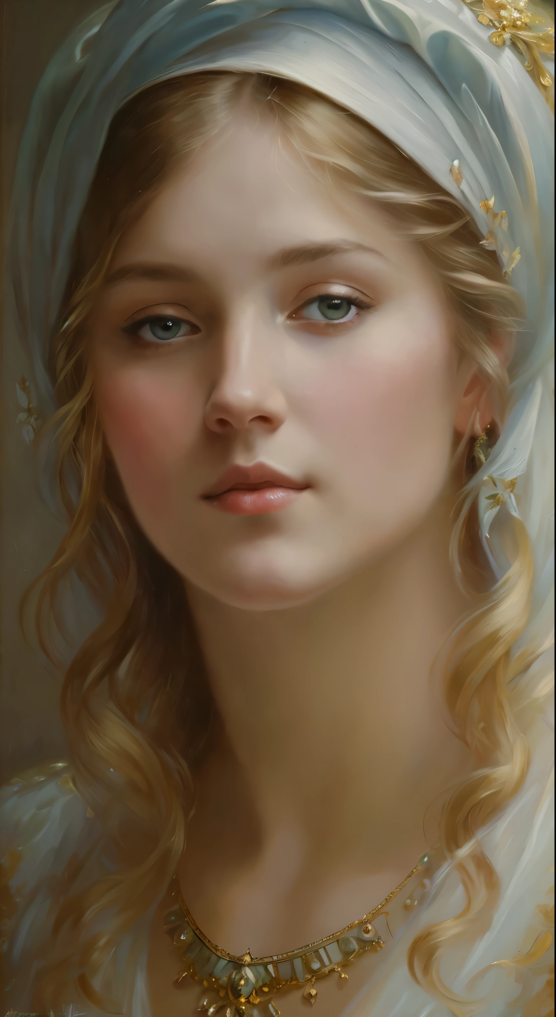 Masterpiece, Best quality, Ethereal beauty, portrait, girl, 35 years old Woman, middle ages, classicism, andrey atroshenko style, painting, traditional media, realistic, figurative, fine art, oil on canvas, HDR, 8K, original character, high resolution, high detail, focus on the face