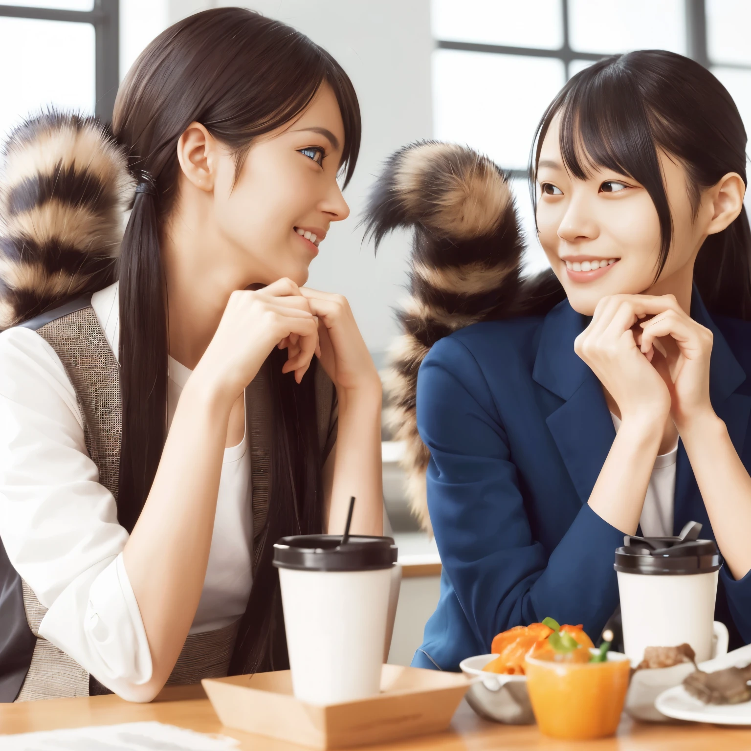 Image of two women sitting holding raccoon tails, (software) safe for work, on pixiv, fur with tail, high qualityのファンアート, software version, coworkers, realistic style, , realistic style on pixiv, Highly detailed exquisite fan art, two beautiful girls, photograph, 最high quality,bushy tail, realistic tail, Cafeteria on a high floor in Tokyo, flat chest, (software) safe for work, nffsw, retina, muste piece, Accurate, anatomically correct, rough skin, super detail, advanced details, high quality, 最high quality, High resolution, 1080p, 4k, 8K, The tail is sticking out from inside the skirt, long tail