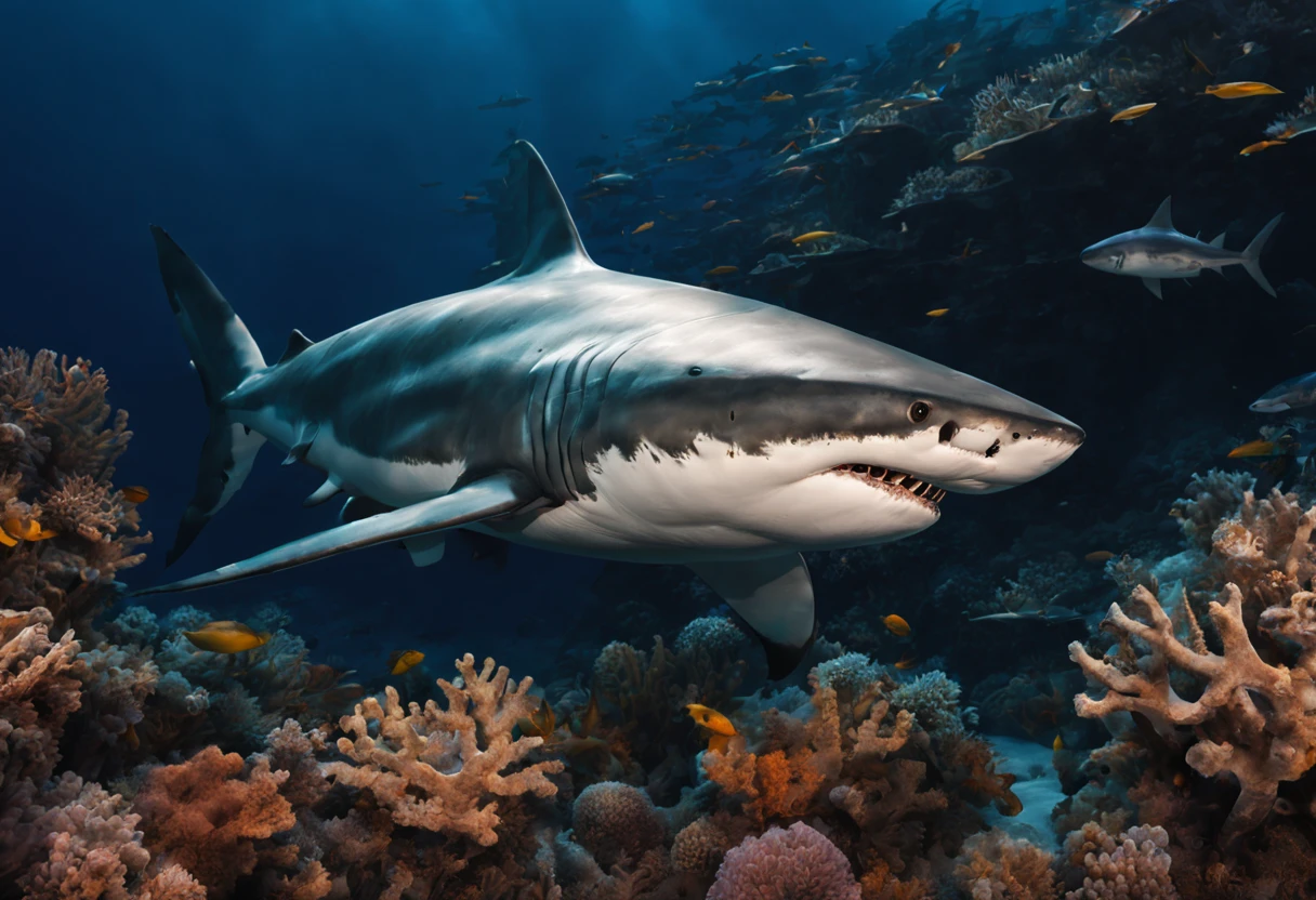 (a great white shark:1.1, bottom of the ocean:1.1), underwater, deep-sea, dark abyss, stunning marine life, vibrant coral reefs, schools of colorful fish, majestic rays gliding through the water, bioluminescent creatures illuminating the darkness, tranquil and serene, surreal atmosphere, crystal clear waters, shimmering sunlight piercing through the depths, intense blue hues, ethereal underwater landscape, extraordinary predator, immense power and grace, sleek and streamlined body, razor-sharp teeth, piercing black eyes, dominant presence, silently patrolling its territory, sense of danger and awe, captivating and intimidating, perfect predator, ancient species, evolutionarily refined, captivating nature, apex predator, fascinating creature of the deep, mesmerizing beauty, dynamic composition, visual storytelling, breathtakingly realistic, detailed textures, dramatic lighting, cinematic quality, high-resolution masterpiece:1.2, capturing the essence of the shark's strength and elegance.