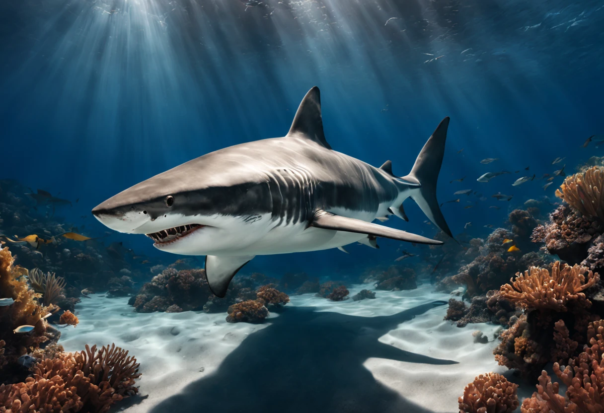 (a great white shark:1.1, bottom of the ocean:1.1), underwater, deep-sea, dark abyss, stunning marine life, vibrant coral reefs, schools of colorful fish, majestic rays gliding through the water, bioluminescent creatures illuminating the darkness, tranquil and serene, surreal atmosphere, crystal clear waters, shimmering sunlight piercing through the depths, intense blue hues, ethereal underwater landscape, extraordinary predator, immense power and grace, sleek and streamlined body, razor-sharp teeth, piercing black eyes, dominant presence, silently patrolling its territory, sense of danger and awe, captivating and intimidating, perfect predator, ancient species, evolutionarily refined, captivating nature, apex predator, fascinating creature of the deep, mesmerizing beauty, dynamic composition, visual storytelling, breathtakingly realistic, detailed textures, dramatic lighting, cinematic quality, high-resolution masterpiece:1.2, capturing the essence of the shark's strength and elegance.