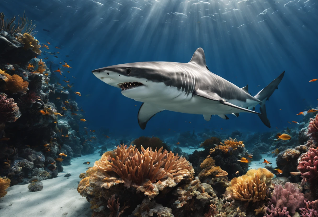 (a great white shark:1.1, bottom of the ocean:1.1), underwater, deep-sea, dark abyss, stunning marine life, vibrant coral reefs, schools of colorful fish, majestic rays gliding through the water, bioluminescent creatures illuminating the darkness, tranquil and serene, surreal atmosphere, crystal clear waters, shimmering sunlight piercing through the depths, intense blue hues, ethereal underwater landscape, extraordinary predator, immense power and grace, sleek and streamlined body, razor-sharp teeth, piercing black eyes, dominant presence, silently patrolling its territory, sense of danger and awe, captivating and intimidating, perfect predator, ancient species, evolutionarily refined, captivating nature, apex predator, fascinating creature of the deep, mesmerizing beauty, dynamic composition, visual storytelling, breathtakingly realistic, detailed textures, dramatic lighting, cinematic quality, high-resolution masterpiece:1.2, capturing the essence of the shark's strength and elegance.