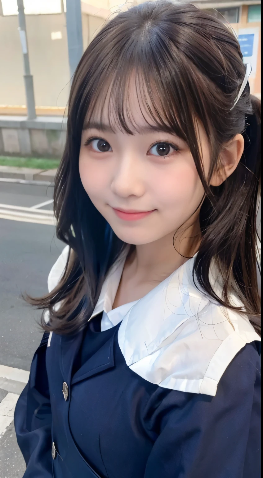 smile, Close-up of a schoolgirl's face in a school uniform on a Japanese street, 