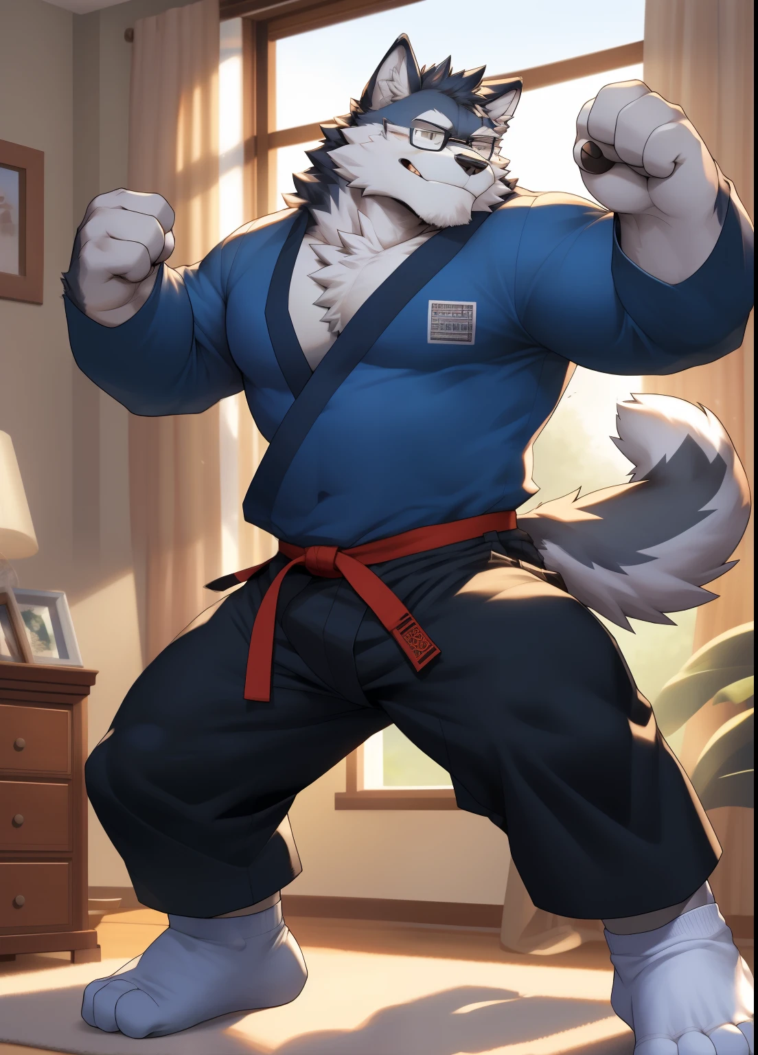 hairy,((Wolf,Long sleeve karate gi,white socks)),white fur,male,Common,full body picture((极其lifelike阴影,masterpiece,Very detailed,lifelike)), ((Cat)),dynamic poses,in the bedroom,Black-rimmed glasses,smirk,The action of wearing a belt,window location,side,night((极其lifelike背景,masterpiece,Very detailed,lifelike)),穿着white socks