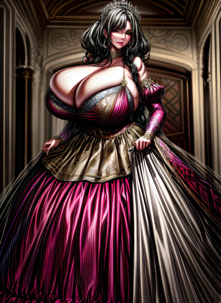 Irish woman, milf, mature, curly hair,black hair, high cheekbones, glossy lipstick, pouting, pouting lips, white pale skin, tall, curvaceous, small waist, big hips, hip dips, large breasts, big breasts, sagging breasts, looking at viewer, Best quality, 8k, Masterpiece, realistic, photorealistic, (gigantic breasts:1.2),wearing beautiful embroidery and jeweled ruffled gorgeous princess ballgown with voluminous full length hoop skirt,
princess in a beautiful embroidery and jeweled rococo princess ballgown with voluminous full length hoop skirt,super detailed gorgeous princess ballgown with voluminous full length hoop skirt,jeweled Gorgeous rococo princess ballgown with long train,jeweled Gorgeous rococo princess ballgown with long train,gorgeous rococo princess ballgown with beautiful embroidery and jeweled, detailed eyes, brown eyes