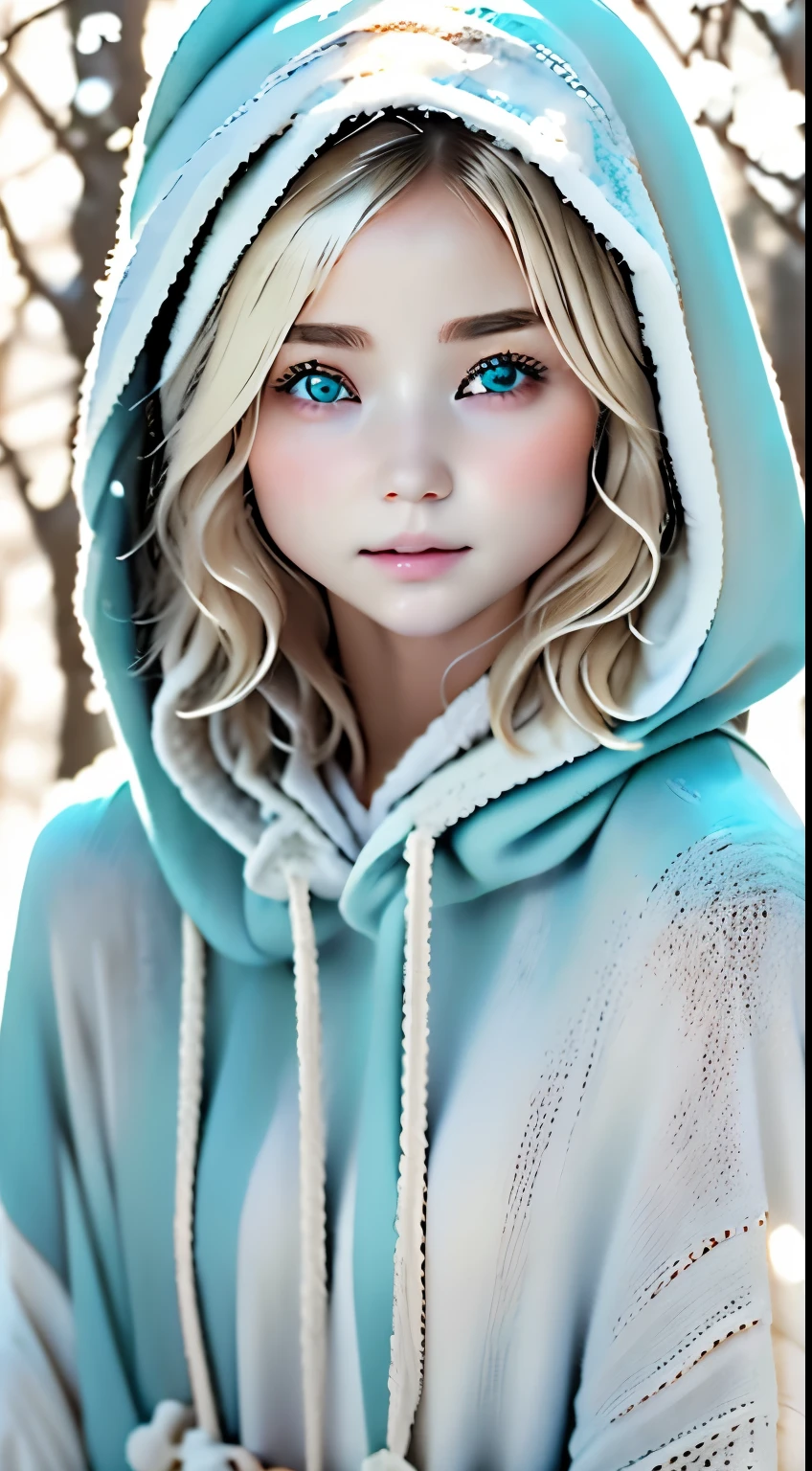 outdoor:1.5、winter、snow、White World、Frozen World、White world、one girl、24 only、perfect anatomy、correct human body、ash blonde、layered haircut、short wavy hair、Woman with cute face、turquoise eyes、Perfect good looks、Natural color poncho style hoodie、wearing a hood、silence、outdoor、white wall、rhyme、White world、blurred background、natural soft light、born、Photoreal、最high quality、high quality、High level image quality、