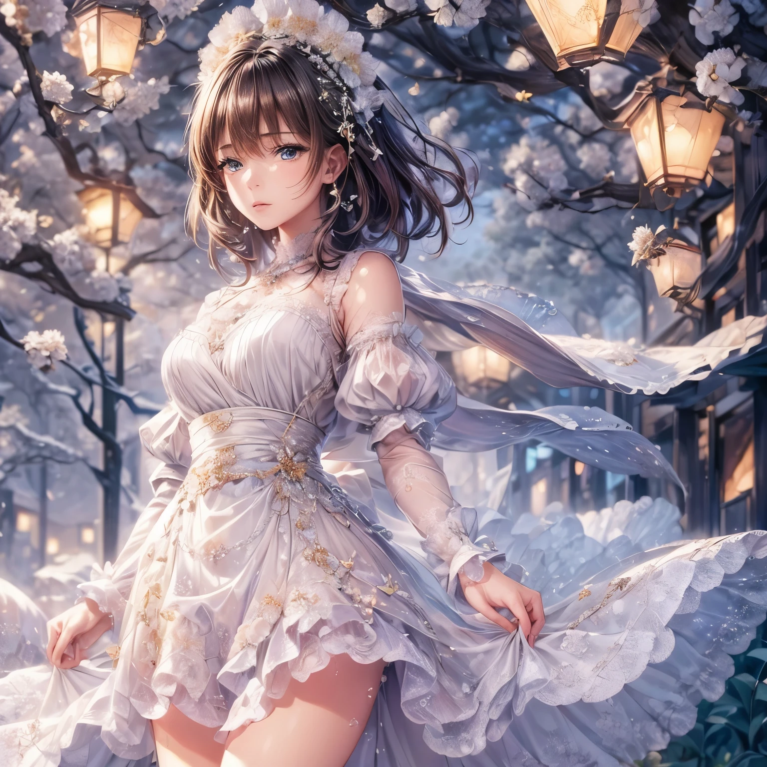 (highest quality:1.4),(masterpiece:1.4),super detailed,8K,cg,exquisite,Upper body,Lonely,thumb girl,Little Princess,flowing coat dress,garden background,detailed facial features,long curly hair,Almond Eyes,Delicate eye makeup,long fluttering eyelashes,Sparkling starry eyes,and a starry gaze, intricate lip details,soft and harmonious style.