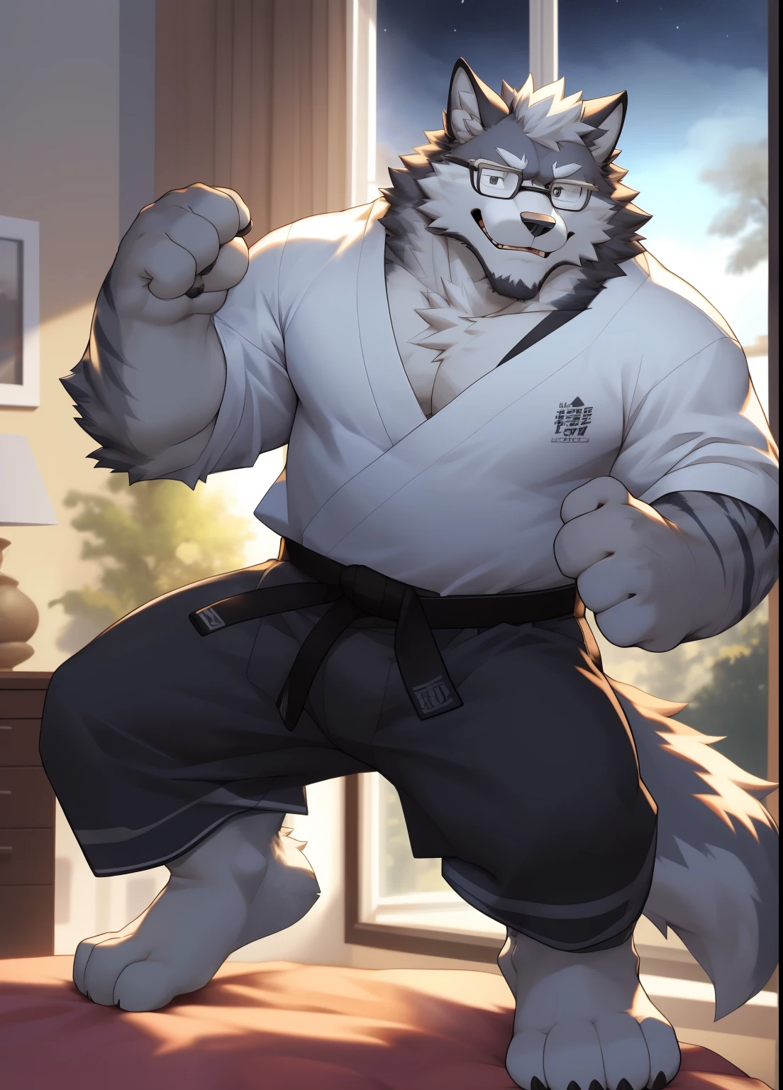 hairy，（（Wolf，Long sleeve karate gi，white socks）），white fur，male，Common，full body picture（（极其lifelike阴影，masterpiece，Very detailed，lifelike））， （（Cat）），dynamic poses，in the bedroom，Black-rimmed glasses，smirk，The action of wearing a belt，window location，side，night（（极其lifelike背景，masterpiece，Very detailed，lifelike）），穿着white socks