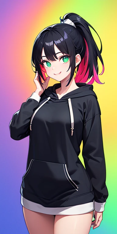 (black hair,colorful fluorescence multicolored  hair:1.5,ponytail:1.5), (masterpiece, sidelights, exquisite beautiful eyes: 1.5), masterpiece*portrait, realistic, ((Colorful background of different colors:1.5)),(Gentle face:1.5),colorful,3D face,(cute face),front view: 1.6、Inward V、 (glowing green eyes:1.2),(tareme:1.5)、(cute smile:1.5),,Slim Body, shiny hair, shiny skin: 1.5、medium breasts,、solo,(stand)、(hoodie:1.5)、(charactor focus:1.5、portlate、eye focus,cowboy shot)、bright atmosphere,intricatedetails