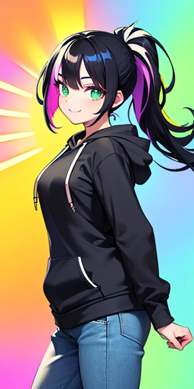 (black hair,colorful fluorescence multicolored hair:1.5,ponytail:1.5), (masterpiece, sidelights, exquisite beautiful eyes: 1.5), masterpiece*portrait, realistic, ((Colorful background of different colors:1.5)),(Gentle face:1.5),colorful,3D face,(cute face),front view: 1.6、Inward V、 (glowing green eyes:1.2),(tareme:1.5)、(cute smile:1.5),,Slim Body, shiny hair, shiny skin: 1.5、medium breasts,、solo,(stand)、(hoodie:1.5)、(charactor focus:1.5、portlate、eye focus,cowboy shot)、bright atmosphere,intricatedetails
