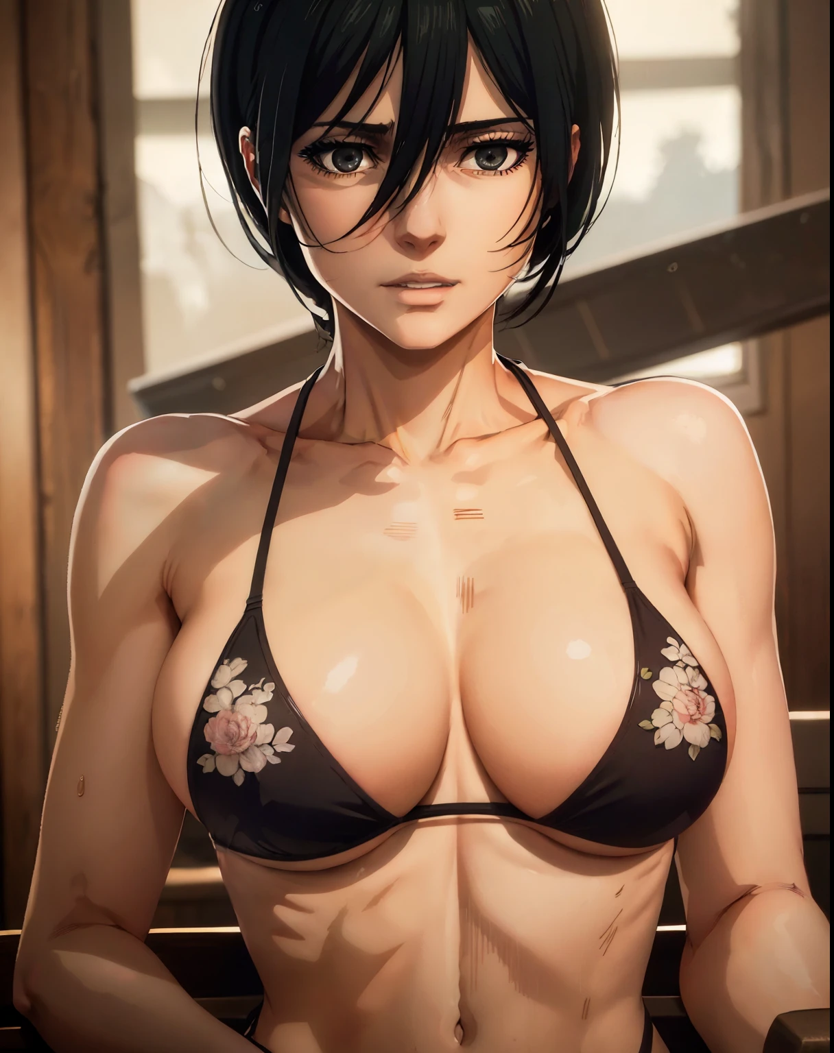 (masterpiece), best quality, expressive eyes, perfect face, solo Mikasa Ackerman in sexy bikini from Attack on Titan 30 year old women seductive body big breasts big thigs facing towards screen  parted lips  feminine figure body in  bikini, Lockhart beautiful expressive eyes ,  4k backlighting smirky face full shot, full body shot ,