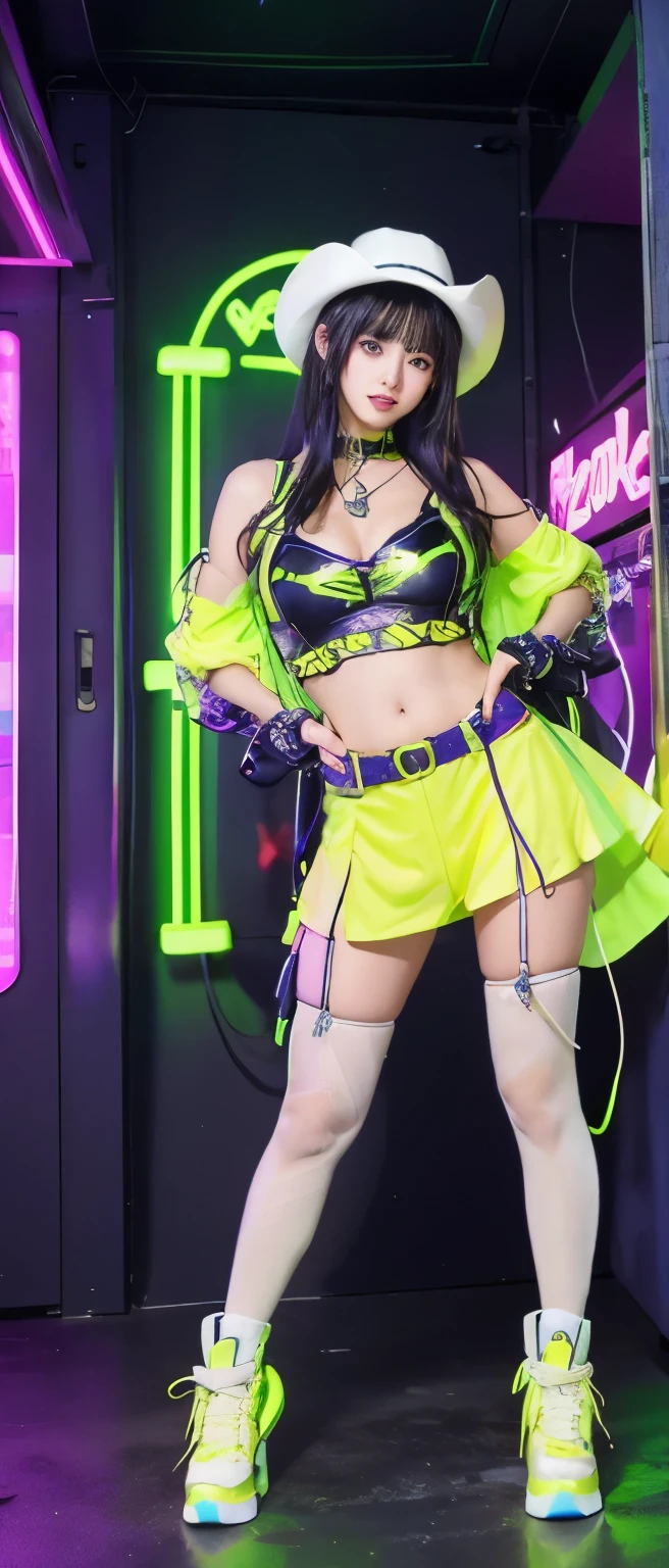 cyberpunk cowgirl idol、Full body Esbian、cyberpunk cowgirl fashion(Fluorescent yellow)、cyber electric room、Fluorescent yellowヘア、cyber ten gallon hat、Laser Gun