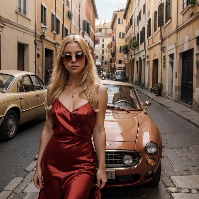 Photo in old money style. Super detail. Blonde Girl, hair gathered in a hairstyle, sunglasses, silk red dress. Background street in Rome, 1 rare car is standing nearby. Photo taken on Sony a7iii 50mm 1.2