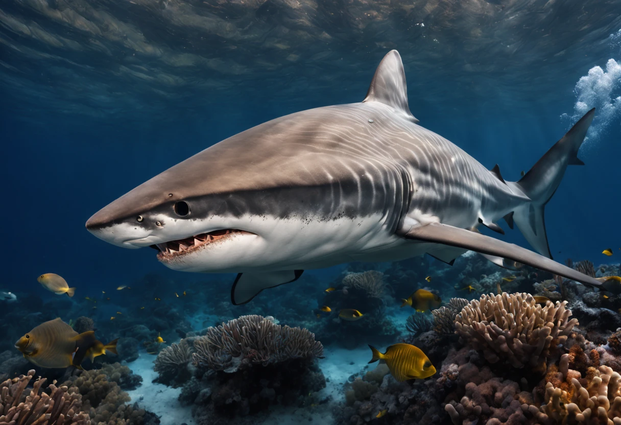 (best quality,highres,ultra-detailed,professional),underwater photography,seabed,tiger shark,beautiful vibrant colors,shimmering light,rippling water,coral reef,fish,diver silhouette,graceful movement,sharp focus,reflection,marine life,underwater adventure,amazing biodiversity,diving equipment,scuba mask,wetsuit,adventurous atmosphere,revealing details,up-close perspective,natural habitat,depths of the ocean,awe-inspiring scene,silent beauty,serene ambiance,underwater tranquility,submerged world,wildlife encounter,thrilling experience,majestic predator,powerful presence,dangerous beauty,curiosity,observation,photography expedition,sea exploration