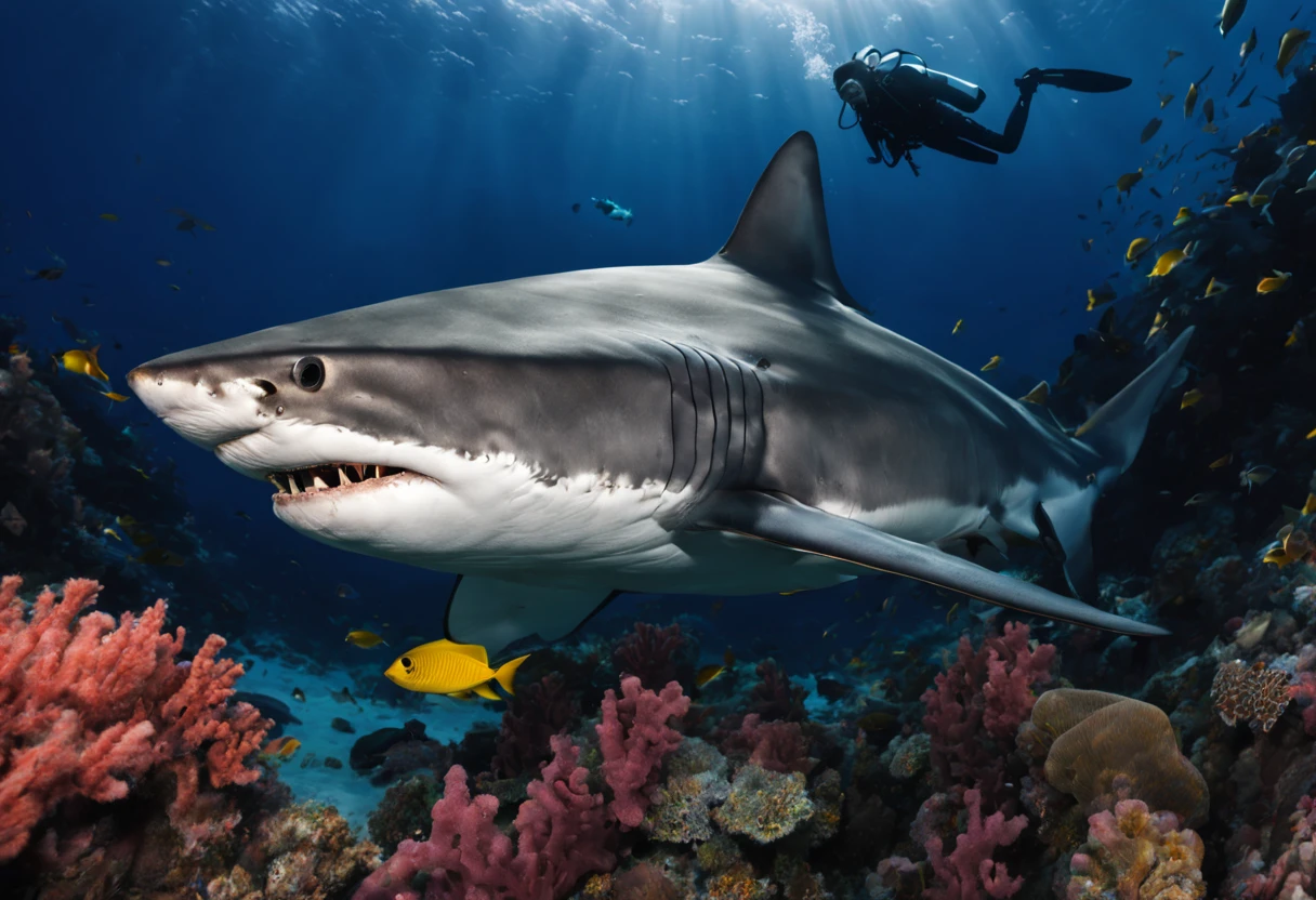 (best quality,highres,ultra-detailed,professional),underwater photography,seabed,tiger shark,beautiful vibrant colors,shimmering light,rippling water,coral reef,fish,diver silhouette,graceful movement,sharp focus,reflection,marine life,underwater adventure,amazing biodiversity,diving equipment,scuba mask,wetsuit,adventurous atmosphere,revealing details,up-close perspective,natural habitat,depths of the ocean,awe-inspiring scene,silent beauty,serene ambiance,underwater tranquility,submerged world,wildlife encounter,thrilling experience,majestic predator,powerful presence,dangerous beauty,curiosity,observation,photography expedition,sea exploration