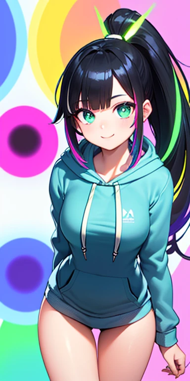 (black hair,colorful fluorescence multicolored hair:1.5,ponytail:1.5), (masterpiece, sidelights, exquisite beautiful eyes: 1.5), masterpiece*portrait, realistic, ((Colorful background of different colors:1.5)),(Gentle face:1.5),colorful,3D face,(cute face),front view: 1.6、(Inward V:1.5)、 (glowing green eyes:1.2),(tareme:1.5)、(cute smile:1.5),,Slim Body, shiny hair, shiny skin: 1.5、medium breasts,、solo,(stand)、(hoodie:1.5)、(charactor focus:1.5、portlate、eye focus,cowboy shot)、bright atmosphere,intricatedetails