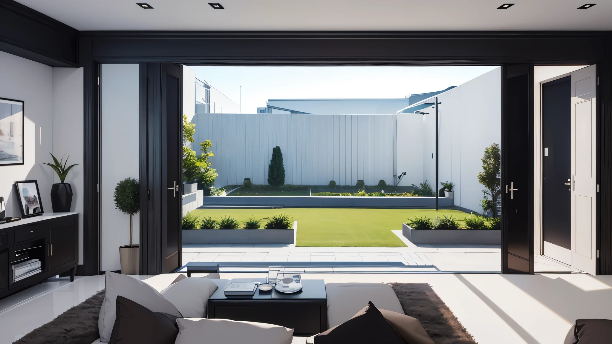You are a famous interior designer、You have been asked to create a 3D image of a modern large room. Create a harmonious environment with modern and minimalist furniture. Including garden interior.