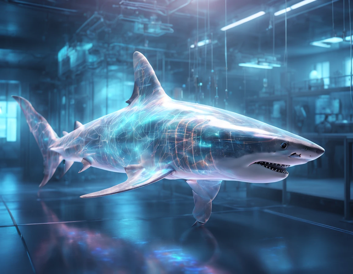 Fully transparent Holographic Digital Shark made of neural circuits swims in the information space and digital information flows, a shark consists of connected neural circuits along which impulses move, neural creature, digital atmosphere, high-end technology, Fantasy, Digital painting