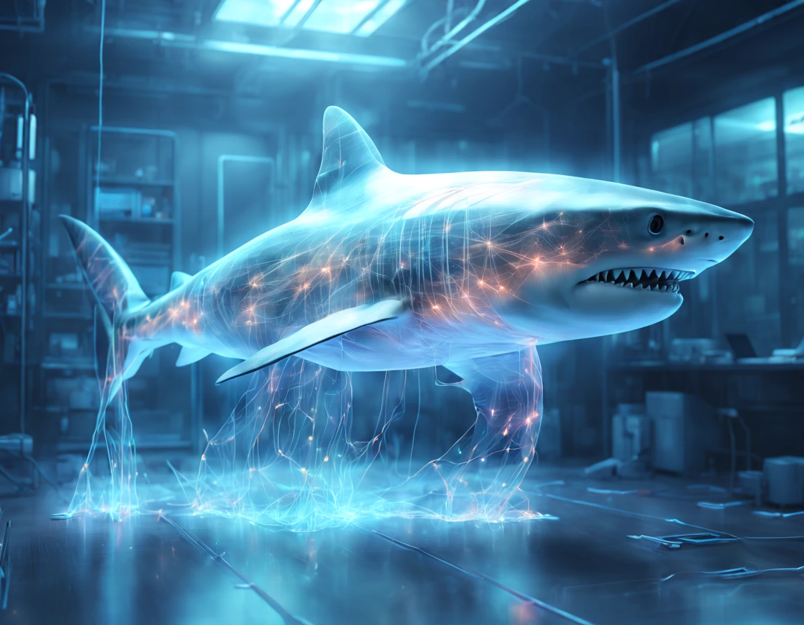 Fully transparent Holographic Digital Shark made of neural circuits swims in the information space and digital information flows, a shark consists of connected neural circuits along which impulses move, neural creature, digital atmosphere, high-end technology, Fantasy, Digital painting
