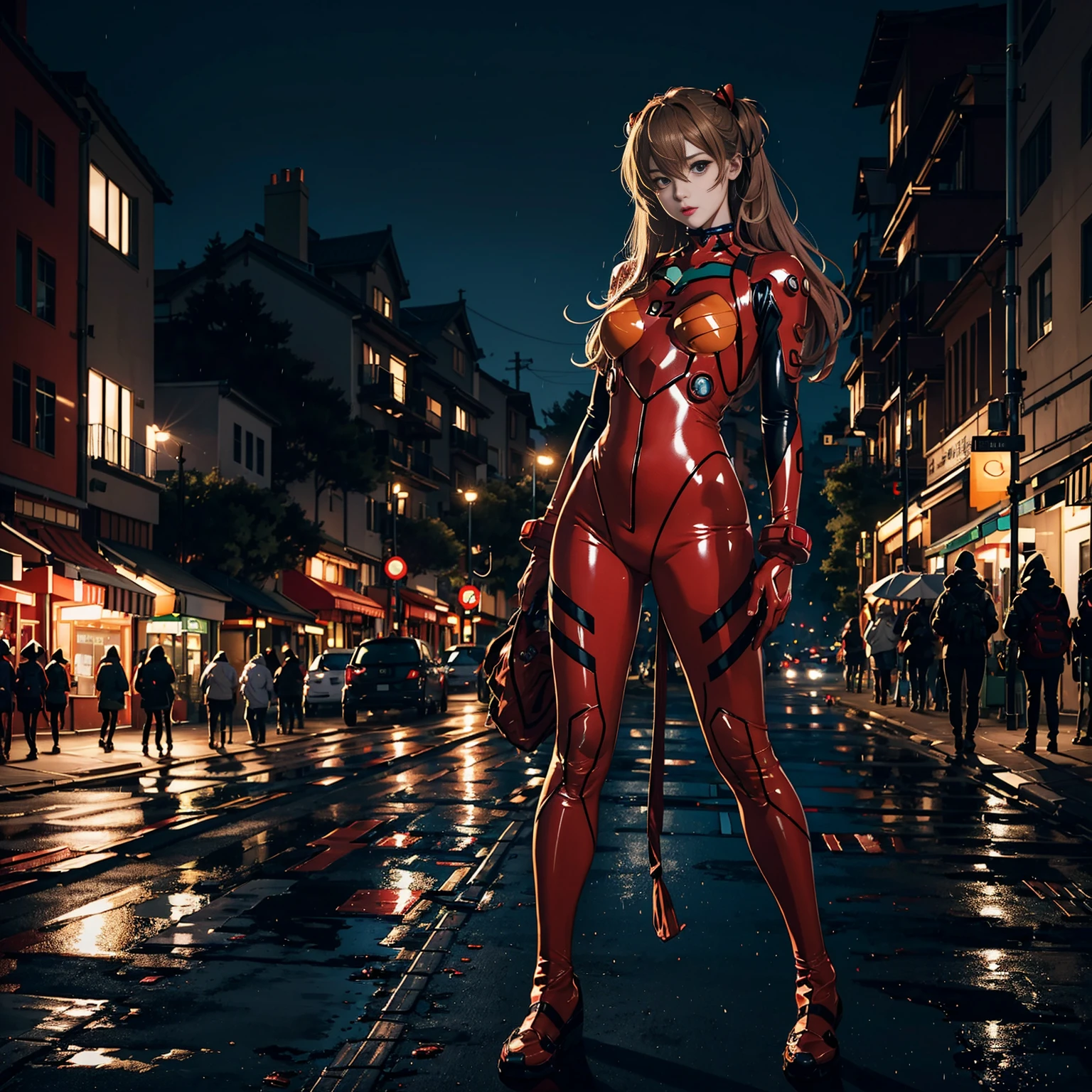 best quality, masterpiece, realistic, photorealistic, goedeous 1girl, mid breasts, solo, looking at viewer, full body, standing, long purple hair, asuka cosplay costume, cosplay, plugsuit, bodysuit, hair ornament, detailed background, in street, night, light, rain,