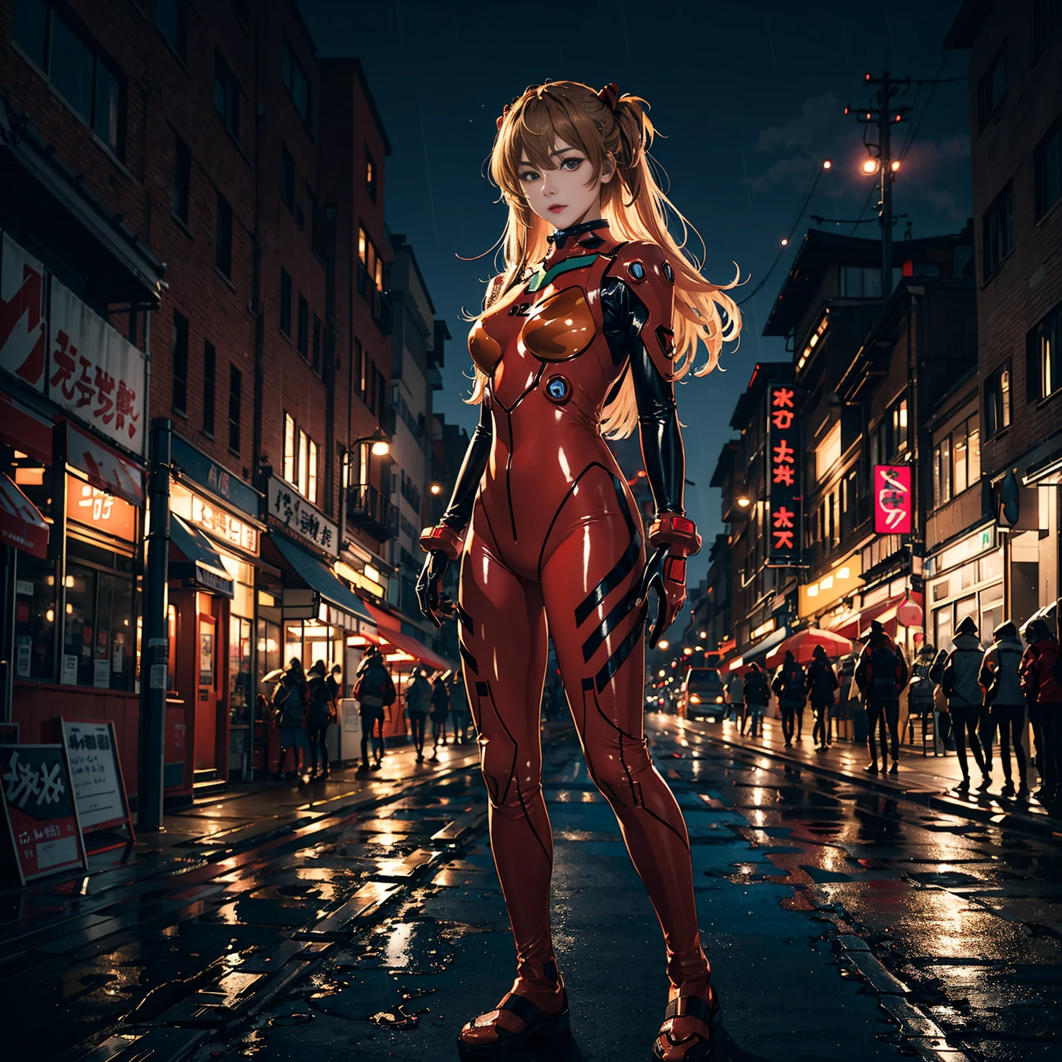 best quality, masterpiece, realistic, photorealistic, goedeous 1girl, mid breasts, solo, looking at viewer, full body, standing, long purple hair, asuka cosplay costume, cosplay, plugsuit, bodysuit, hair ornament, detailed background, in street, night, light, rain,